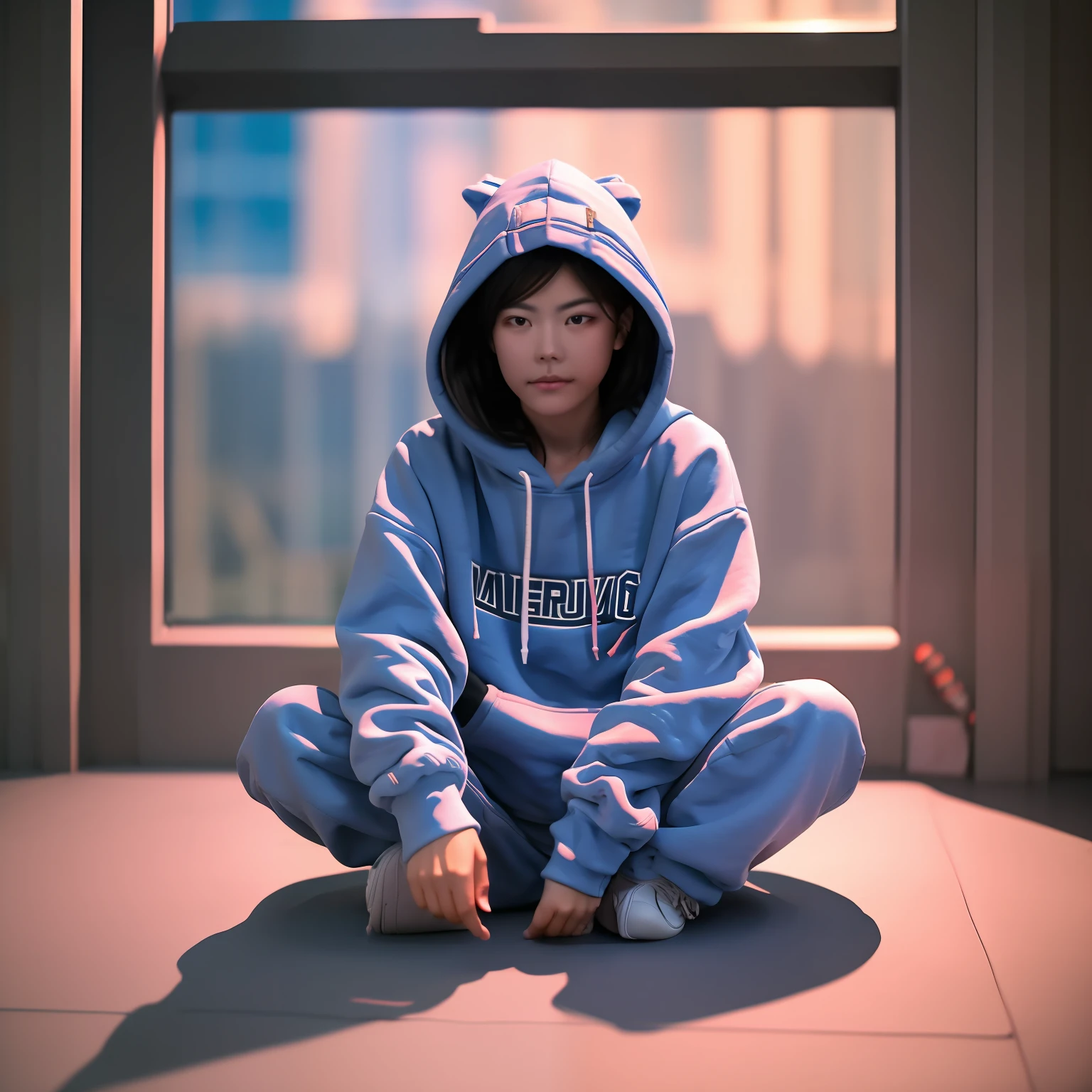 Make a motivational character wearing sweatshirt and hoodie looking at the horizon dreaming of a good future and as it emanates lights from your feet lights these in white color in a cinematic scene