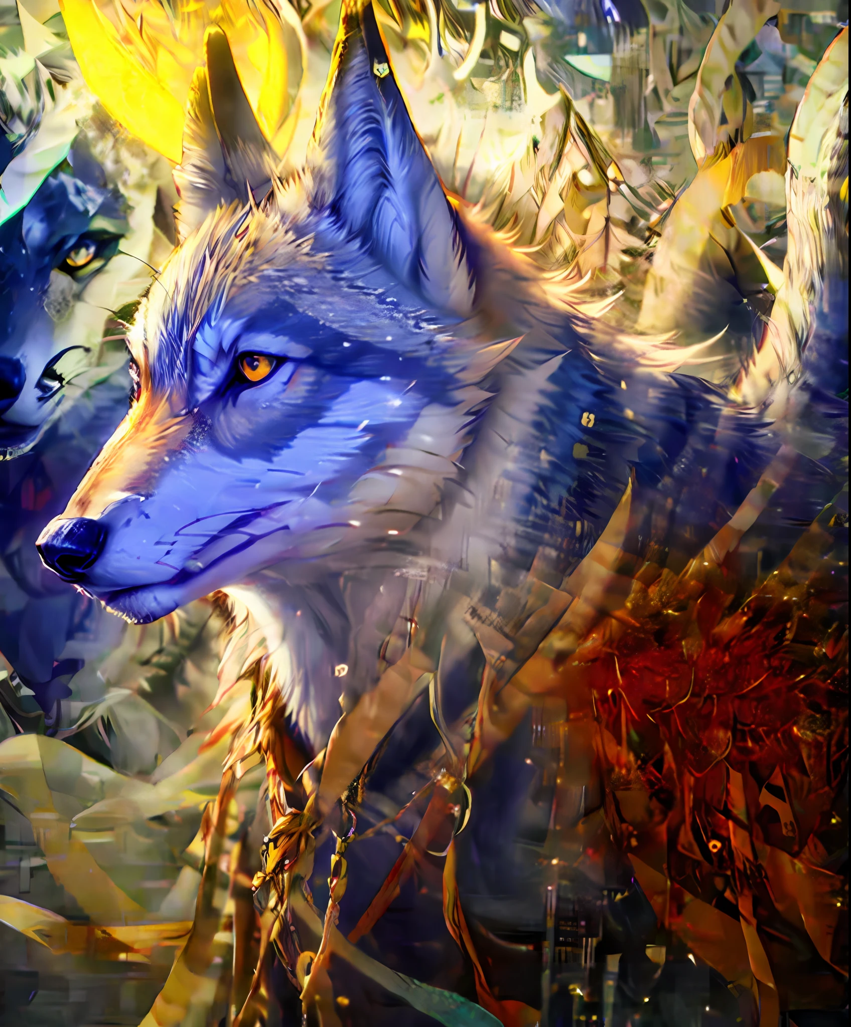 wolf surreal closeup, masterpiece by ncwinters, in the mystical mountains,
