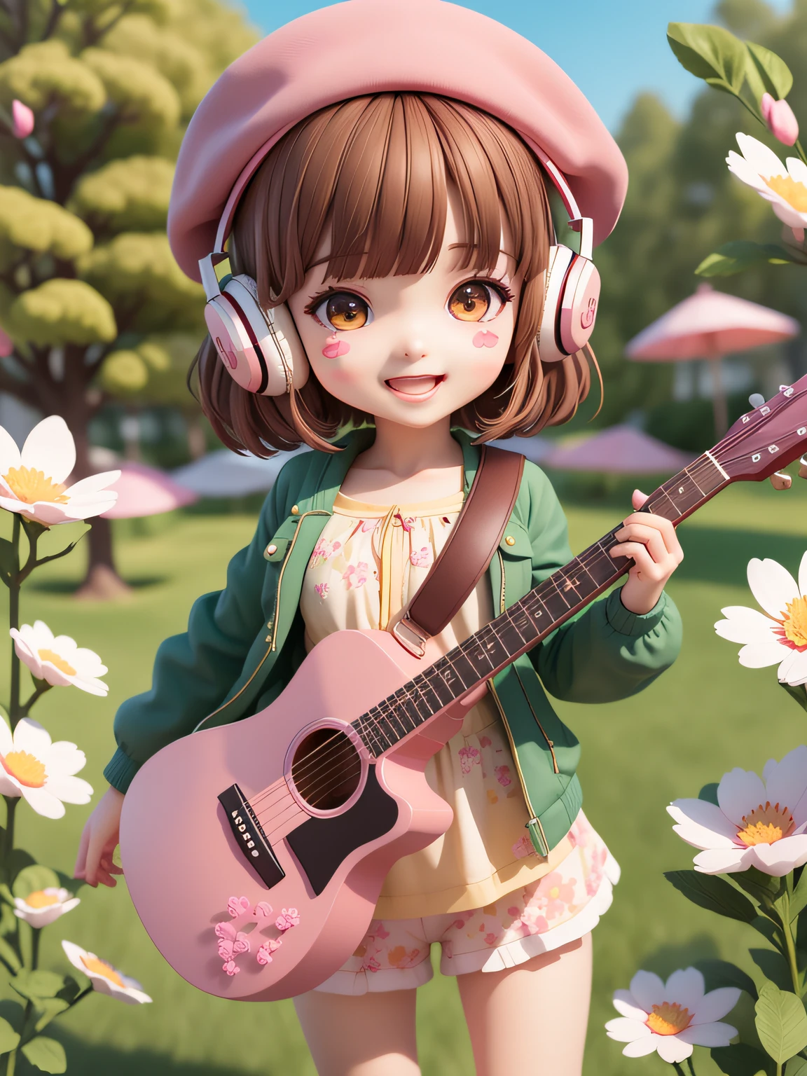 (Daisaku),(Need),(Super meticulous),(full bodyesbian:1.2),1girl,tchibi,adolable,ssmile,Open-mouthed,florals,exteriors,plays the guitar,Music,beret,whaite hair,Manteau,Blushlush,The tree,:3,The shirt,short detailed hair,SakuraNS,Red scarf,Blurred,Blush stickers,longer sleeves,By bangs,Earphone,Cat ears,Pink flowers under the left earlobe,(beautiful detailed face),(美丽细致的眼睛),