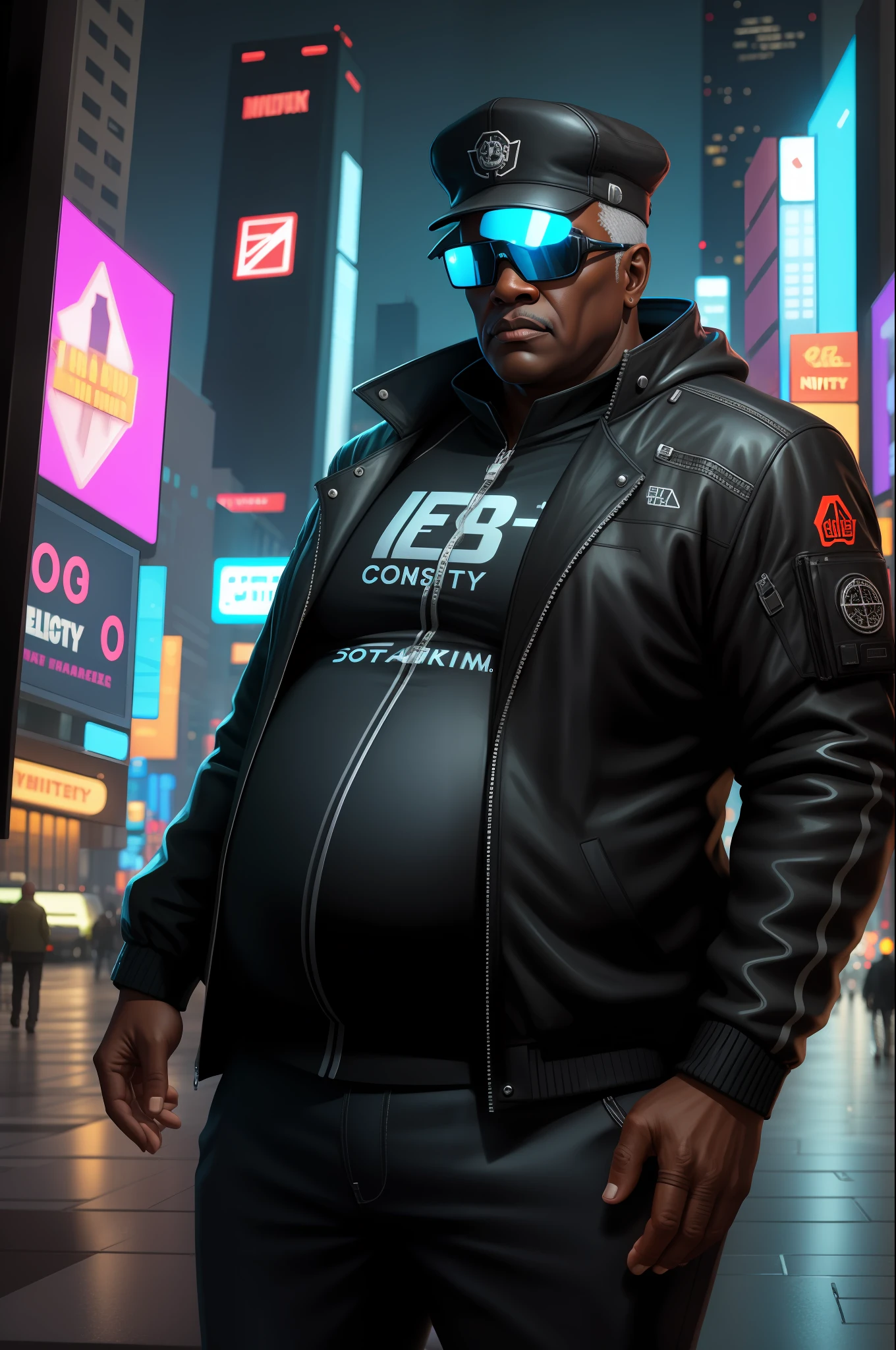 ((dark skin)), plus size, ((fat)), mature, old, hat, man, black, eyes:1.2, detailed eyes:1.4, masterpiece, best quality, 1 male, adult, bald, finely detailed eyes and detailed face, extremely detailed CG unity 8k wallpaper, intricate details, Cyberpunk, goggles, holographic, black jacket, night city, neon sign, skyscraper, depth of field