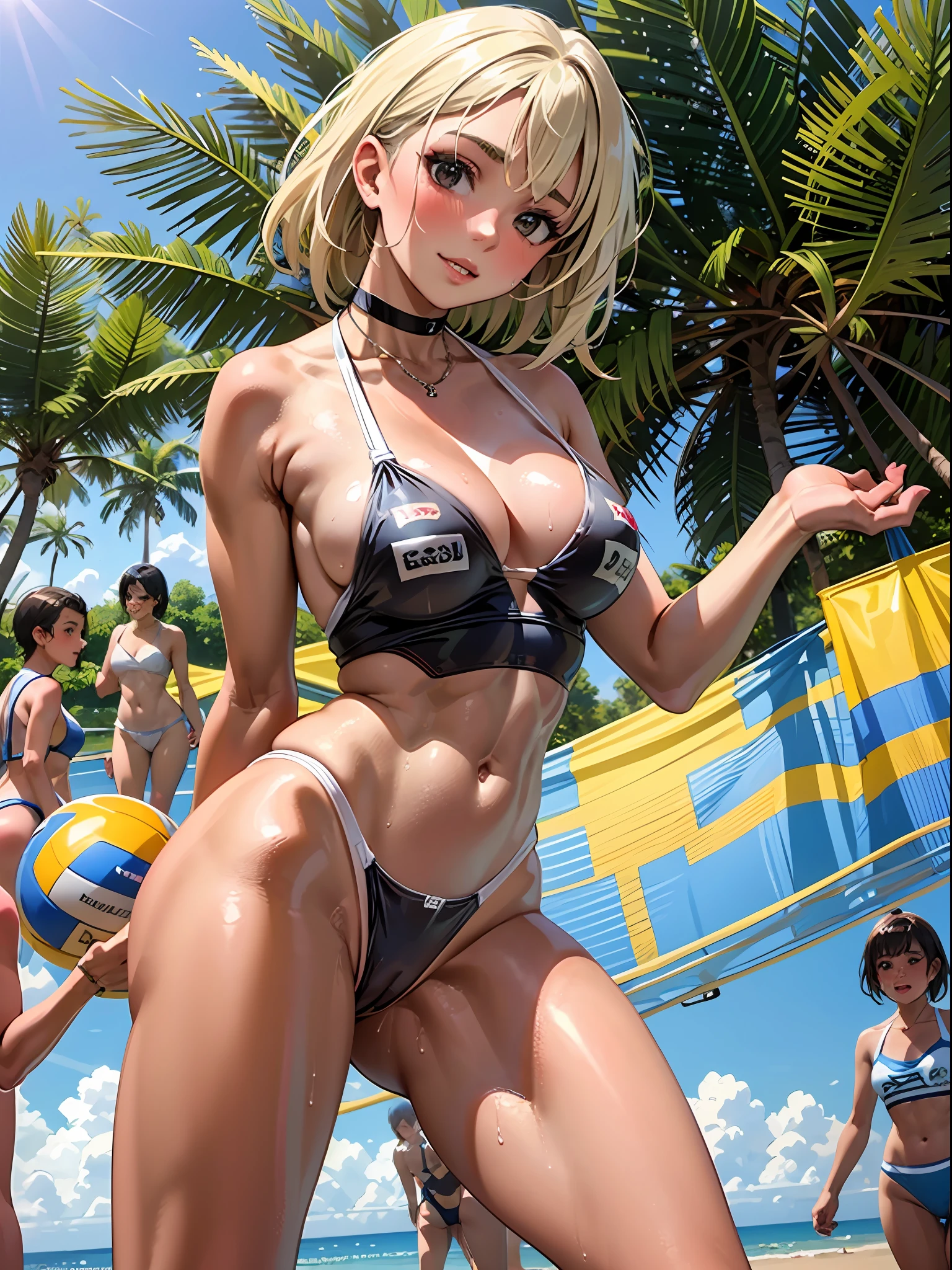 NSFW, (4+girls:1.5), (alternate athlete swimsuit pool), tanned skin, dark tanned skin, oil, abs:1.5, tan lines, dynamic poses, sexy interactions, girls playing beach volley, ball of beach volley, net, masterpiece, top quality, ultra high definition, highest resolution, very detailed, perfect face, professional lighting, clean skin, CG illustration, slender, very cute, young face, cleavage, lower breast, wet body, (breasts out:1.4), different hair colors, short hair, pixie haircut, semi-long hair, different hair cuts, hair ribbon, blush, navel, from below, wet body, (breasts out: 1.4), (plastic bag 1.2), transparent swimsuit, beach, sand, water, (wind: 1.3), girls playing behind, showing ass, black necklace choker