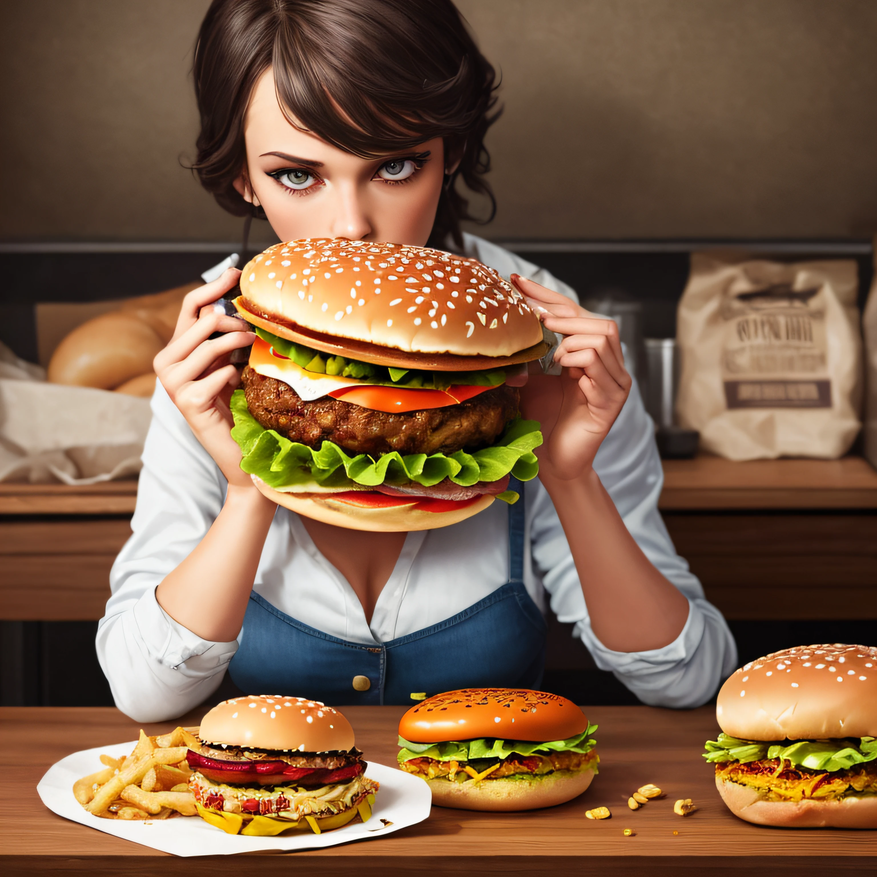 A person being mashed by a hamburger, super realistic food image, big macs, , hugh kretschmer, hamburger with human eyes, a hyper-realistic and highly conceptual figurative art, ultra-realistic illustration, hyperrealistic illustration - -auto --auto