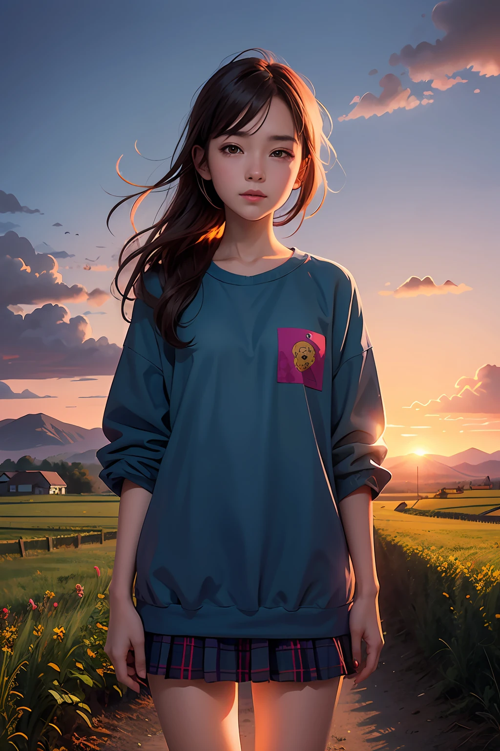 1girl, (Sketch:1.2),  anime key visual,  landscape of a Rude Rural area, at Sunrise, Happy, Vaporwave Art, Rembrandt lighting, extremely detailed CG Unity 8k wallpaper