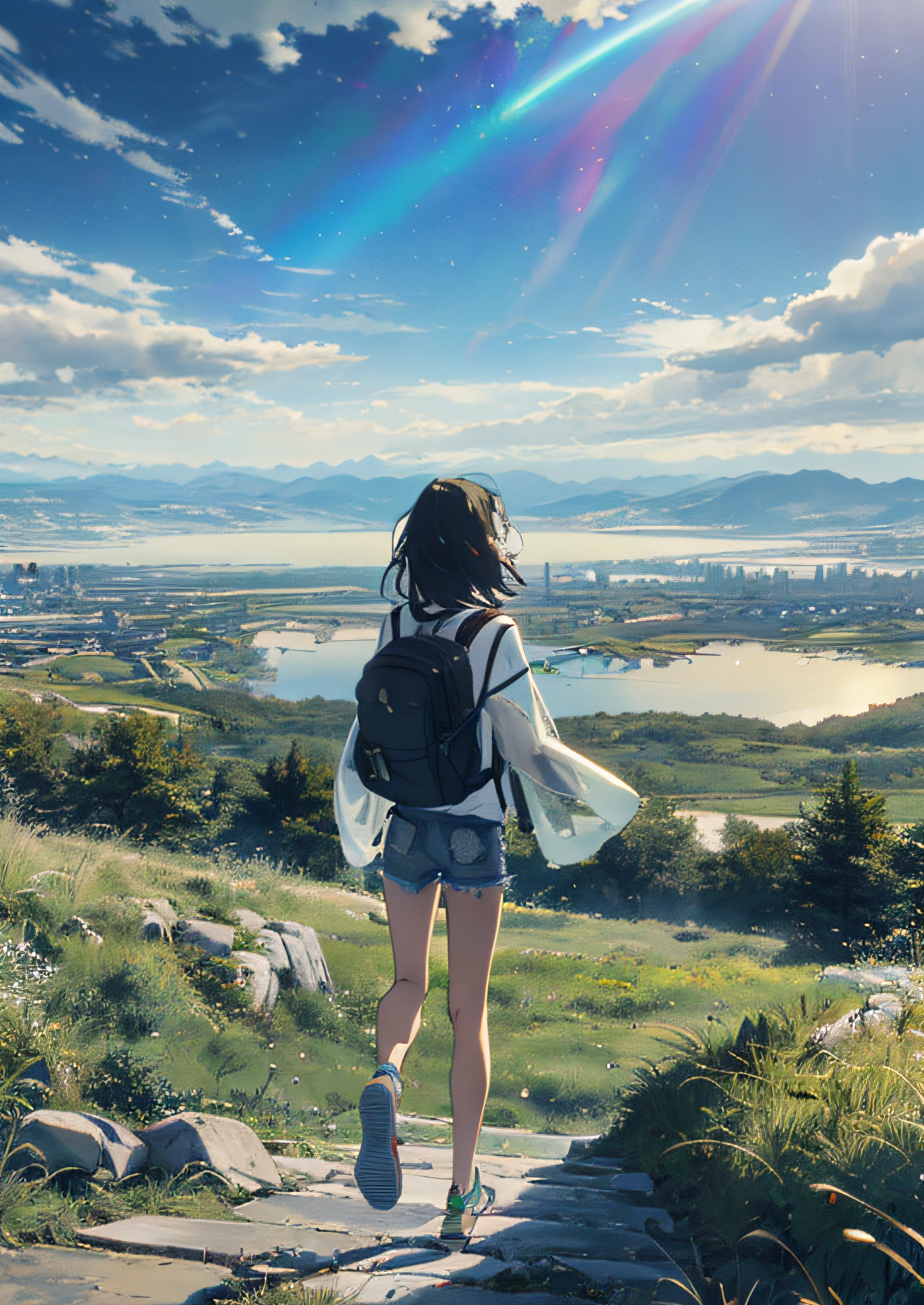 (The vast sky, the beautiful skyline, the vast grasslands, full of tension and drama) (the high-hanging Polaris and the colorful natural light)|(clear sky) (1girl, long-sleeved top, denim shorts, carrying a backpack, walking forward)