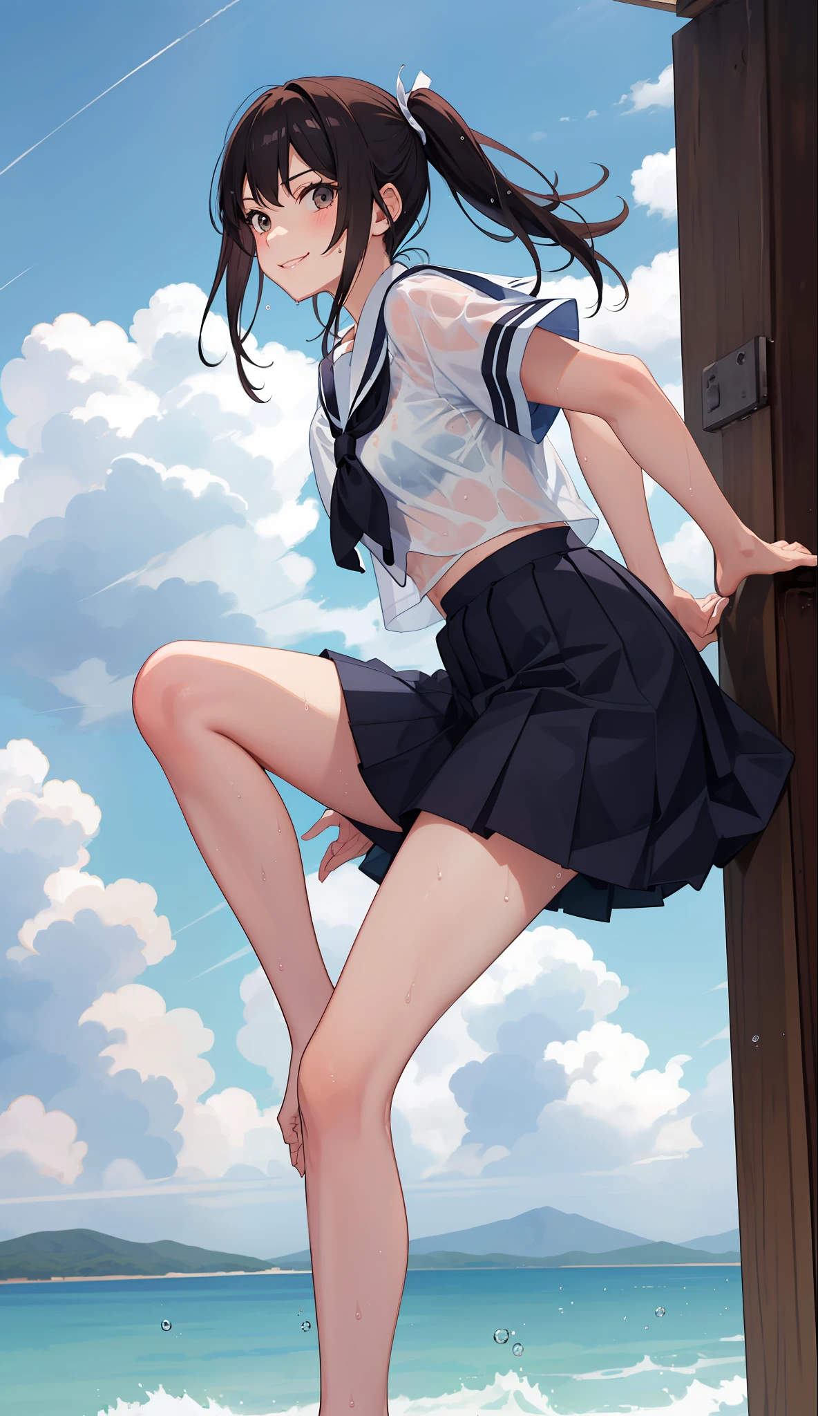 1 girl, smile, shirt, skirt, (small) chiralism, Japan high school school uniform, seravuk, summer clothes, squall-wet uniform, sheer bra, (portrait from knee up),