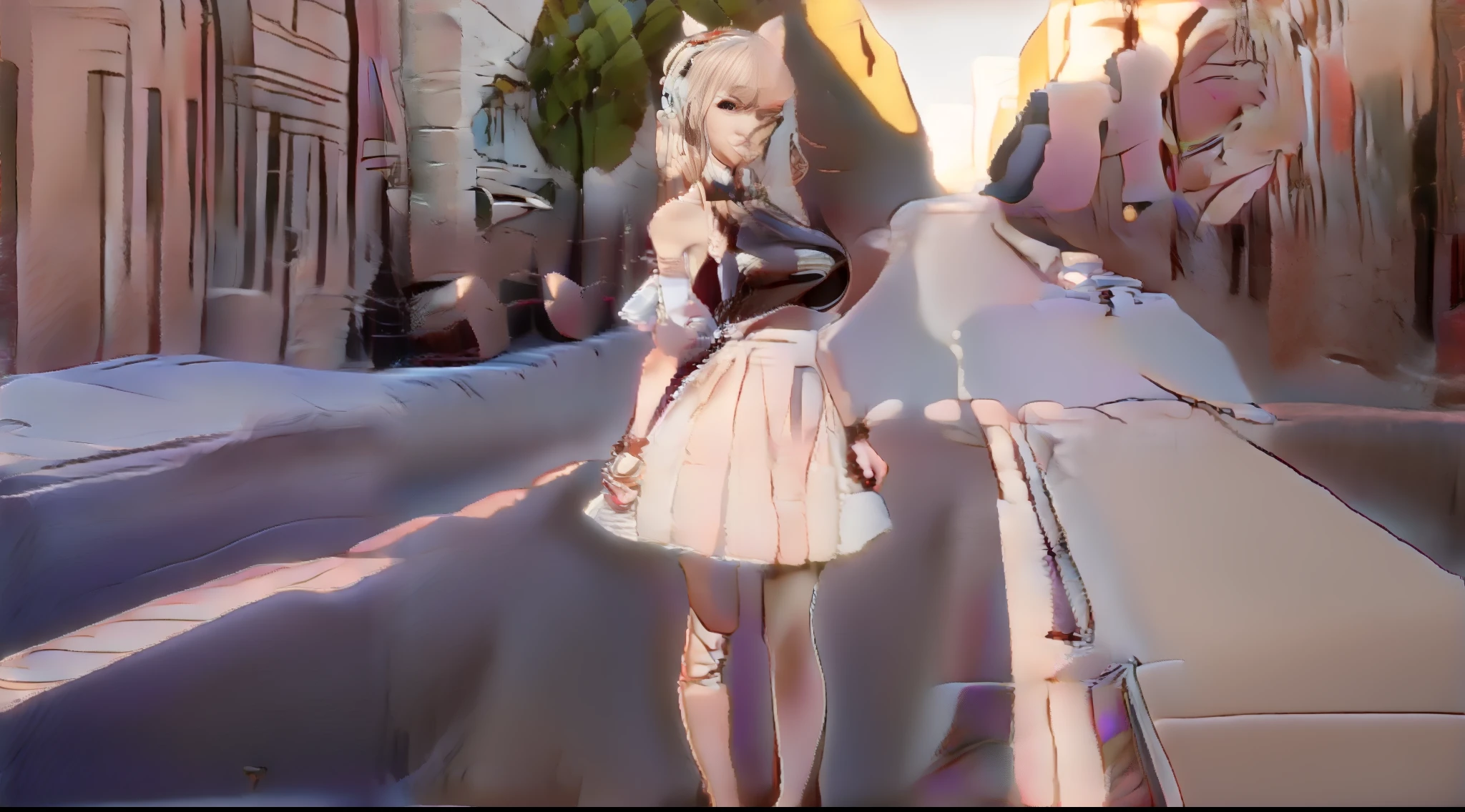 adolable,Kizi,anime big breast,White color hair,solo person,whiteskirt,Crystal shoes,full bodyesbian,8K,red color eyes,Stand on the side of the road and wait for the car