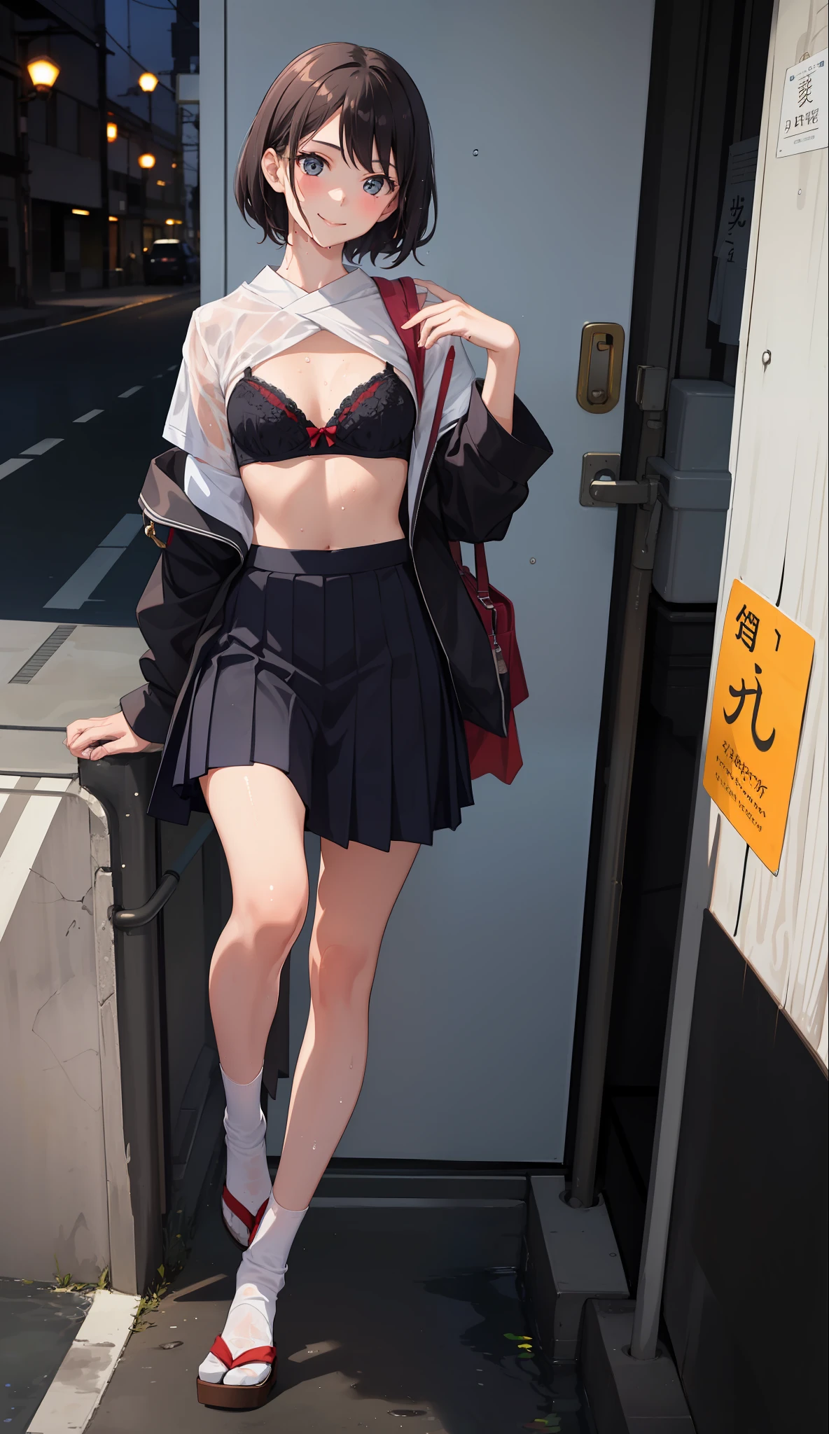 1 girl, smile, shirt, skirt, (small) chiralism, Japan high school school uniform, seravuk, summer clothes, squall-wet uniform, sheer bra, (portrait from knee up),