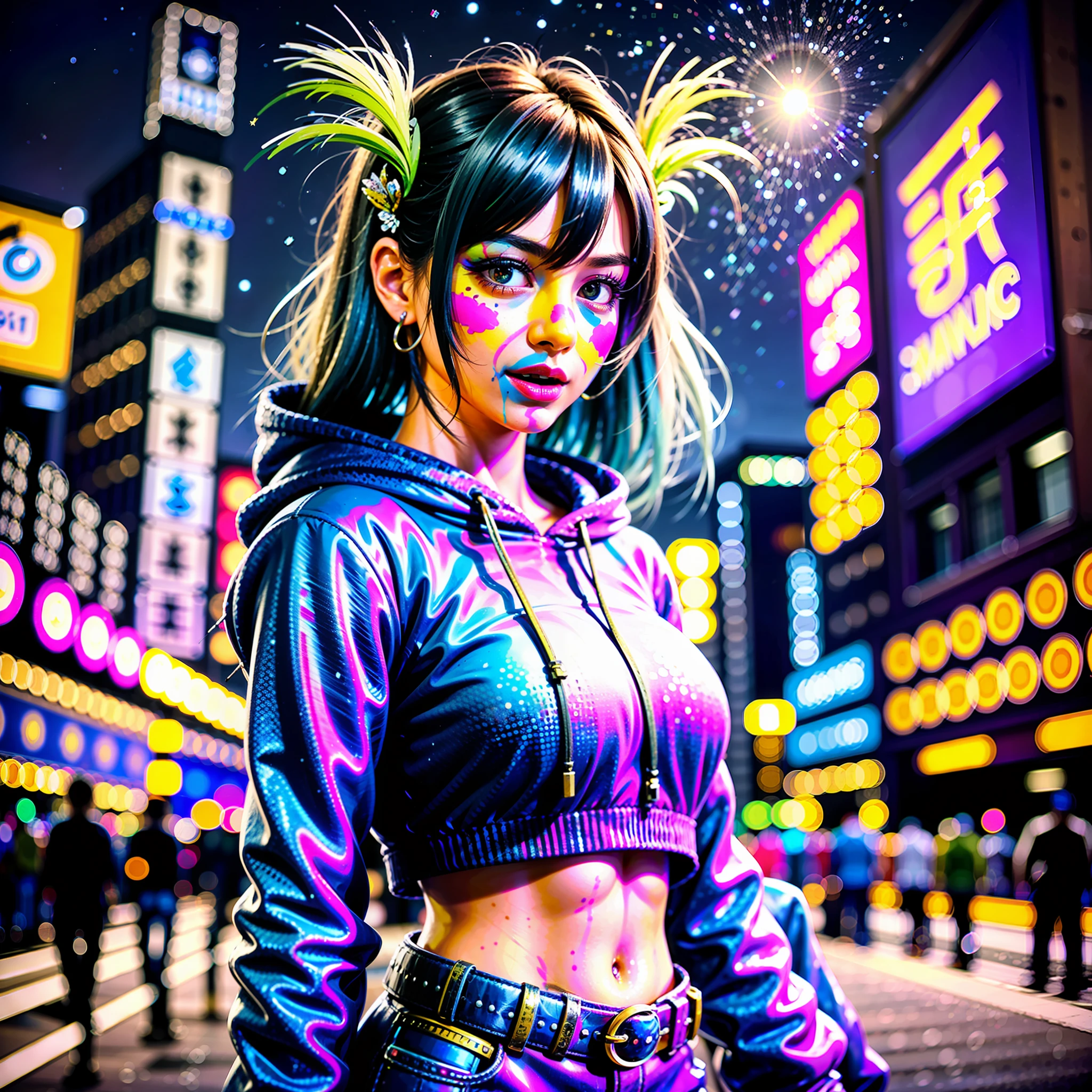 (tmasterpiece),best qualtiy,超高分辨率,bit girl,hoody,blue hairs,neon color shooting stars,Very long hair,cropped shoulders,feathers hair ornament,neon colored,glitters,stunning night sky, cinmatic lighting, realisticlying, Realistic skin, HDR, fish eye