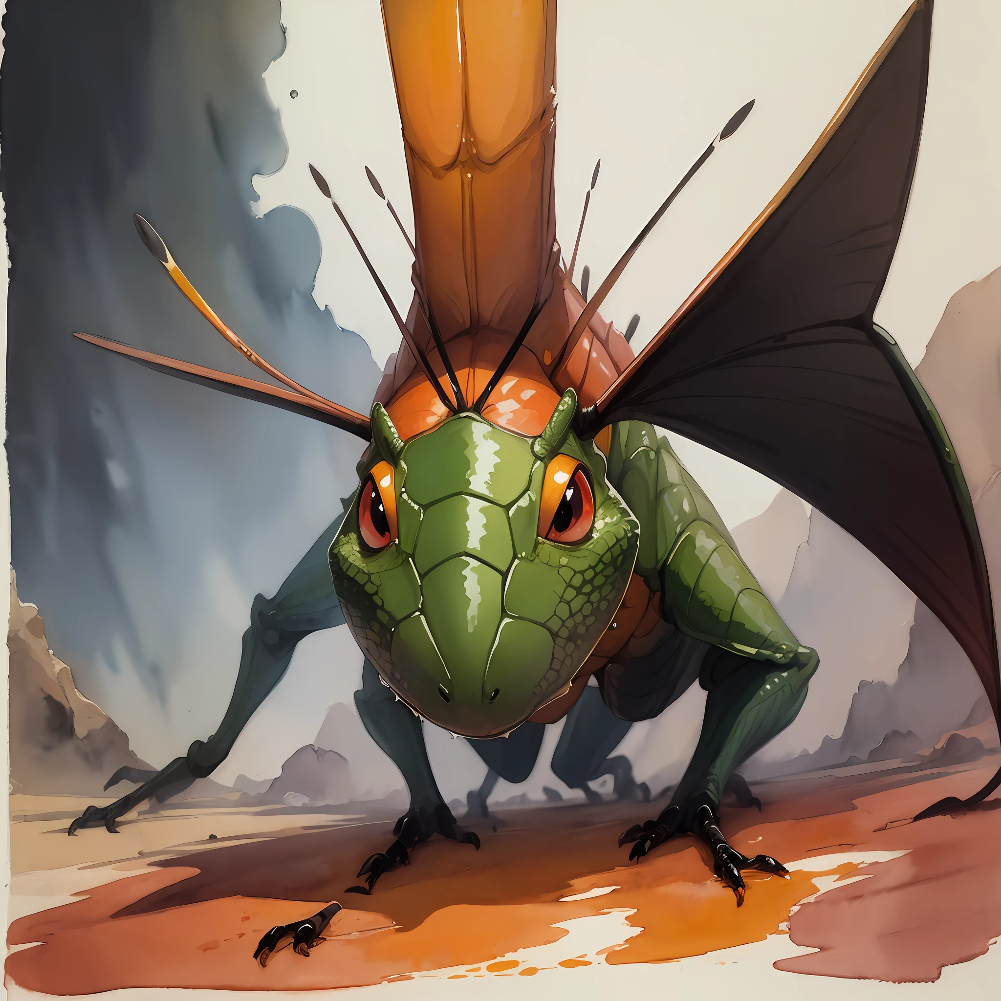 Amber Ash Hopper which is a giant grasshopper, black with red stripes, living in volcanic landscapes, masterpiece, best quality, (in watercolor painting style)
