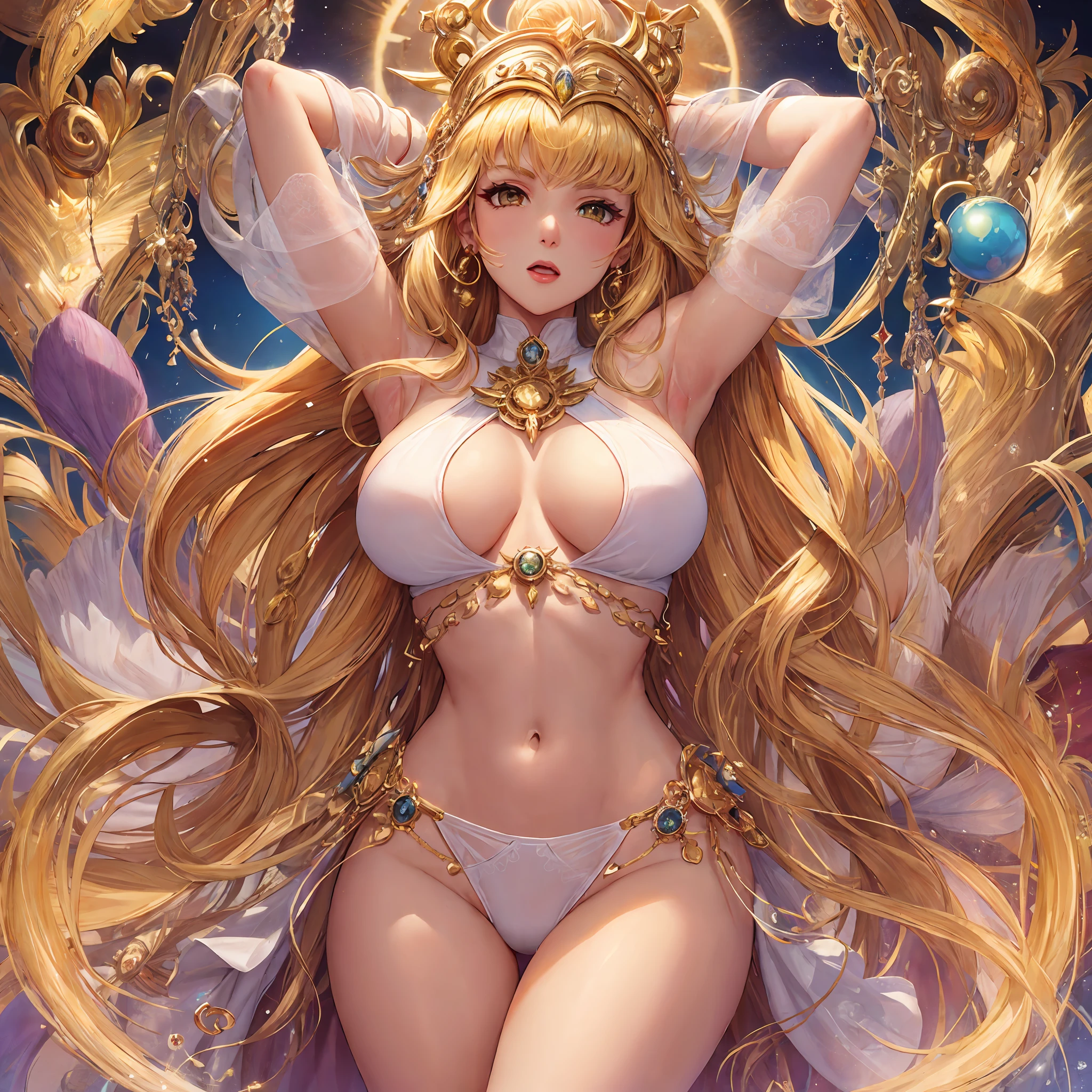 Wearing a white bikini and a gold crown，cinematic goddess body shot，Goddess of Light，the sailor galaxia。big breasts beautiful，Heavenly Goddess，a beautiful fantasy empress，Golden Goddess，as the goddess of the sun，goddess of the sun，Movie goddess shots，Golden Goddess Athena，full body cgsociety，angelicales
