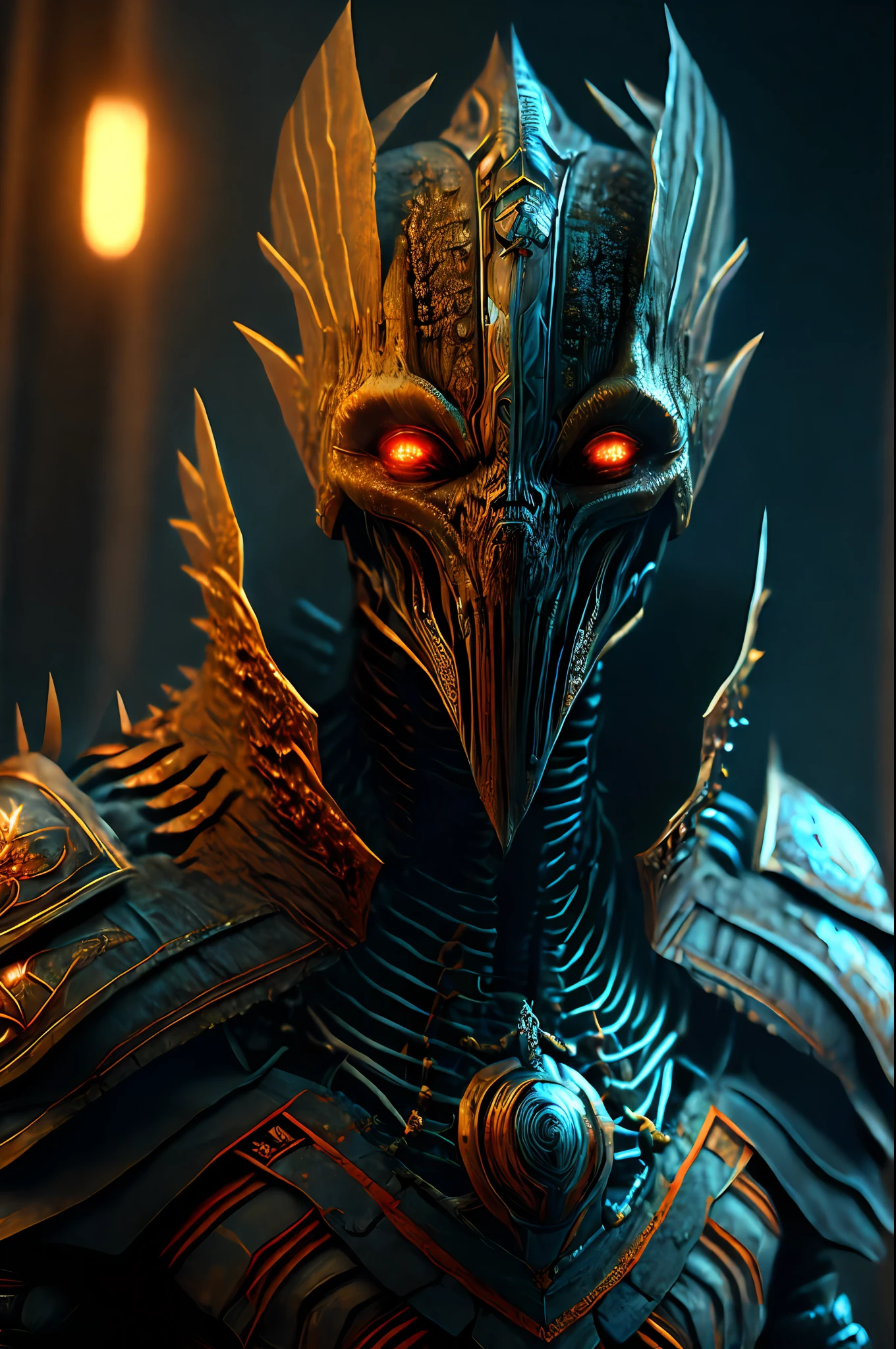 Ancient Alien Warrior, Dark Horror Futurism, Cinematic, Fine Detail, 8k, (Dark Shot: 0.7), Subsurface Scattering, (Ambient Lighting: 1.3), (ArtStation: 1.3)