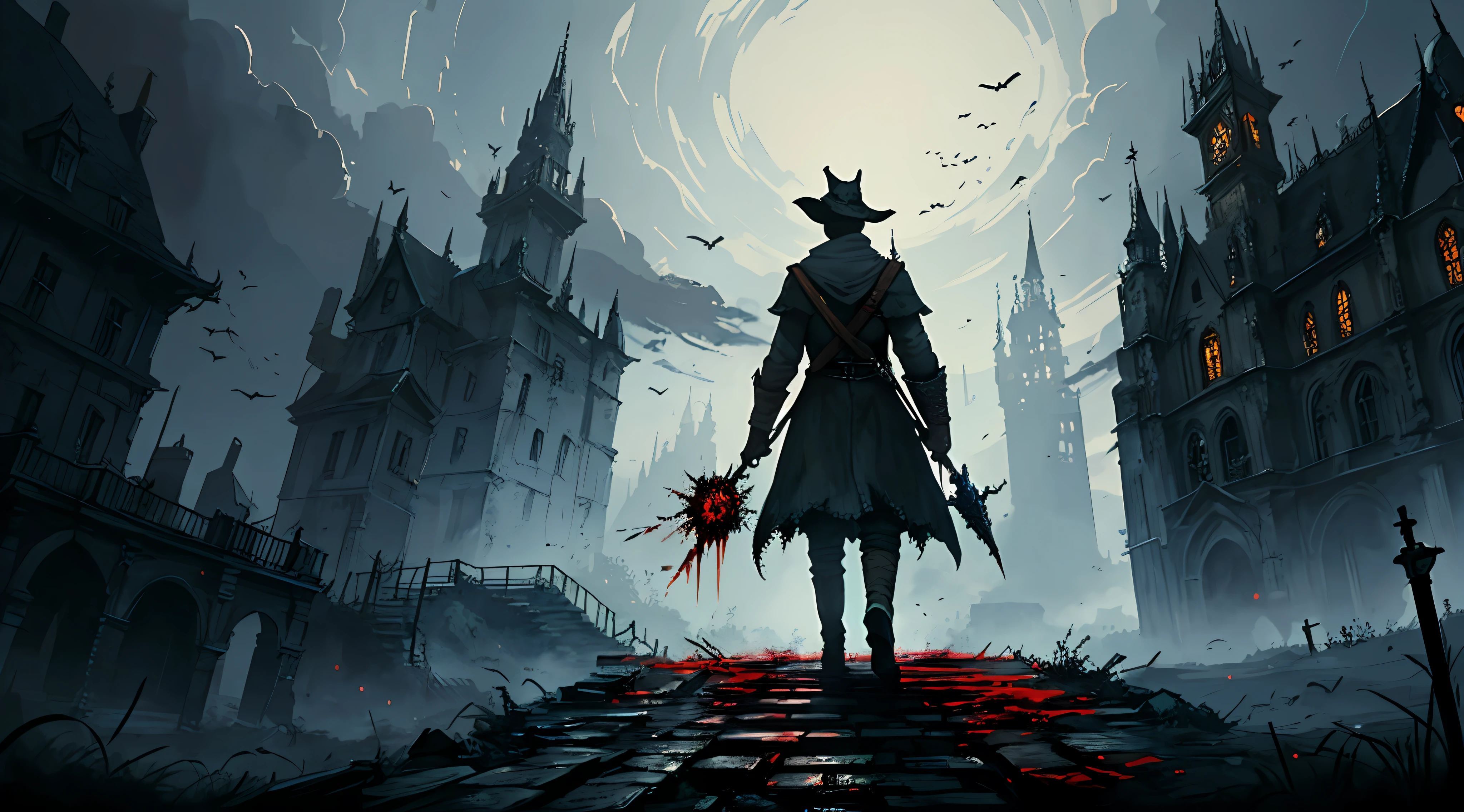 An ultra-detailed and intricate digital illustration of a villager ((he's on a hill)) olhando para uma cidade medieval abandonada ao longe, (Inspirado em Bloodborne), estilo de Bloodborne, atmosfera de terror, cores escuras, (horror), fantasia, ultra detalhada, trending on ArtStation, extremely detailed illustration, semi-realista, intrincado, alta resolução, 4k, Pintura Digital 4K