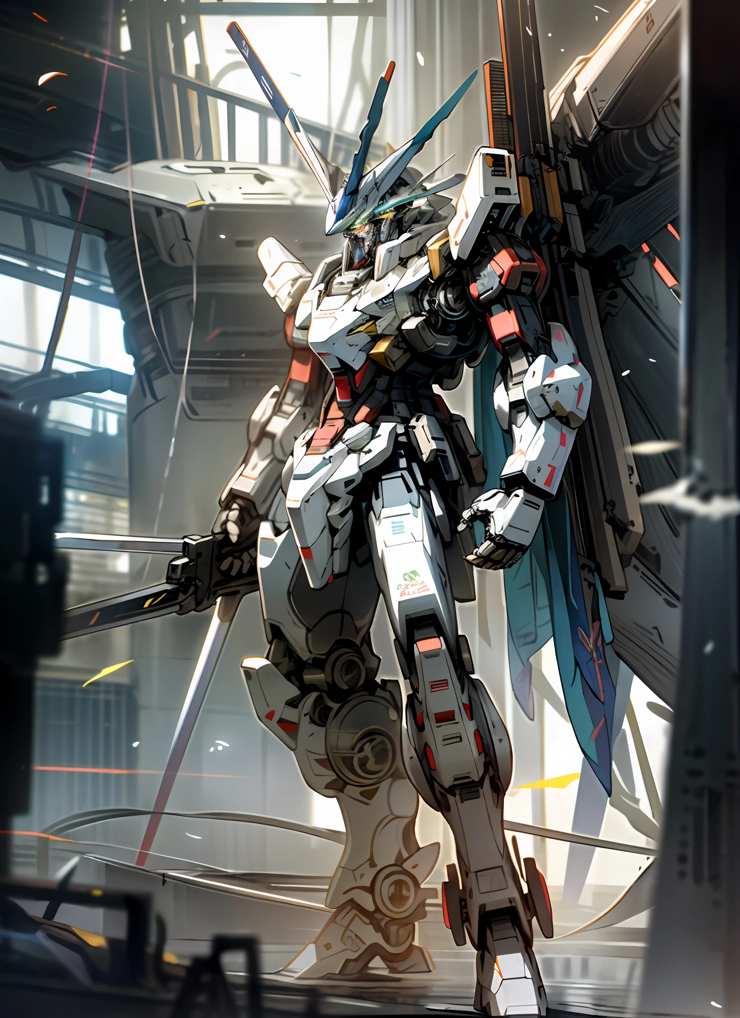 Sky, Clouds, holding_weapon, no_humans, Glow, Robot, Building, glowing_eyes, Mecha, Science Fiction, City, Reality, Mecha, Gundam