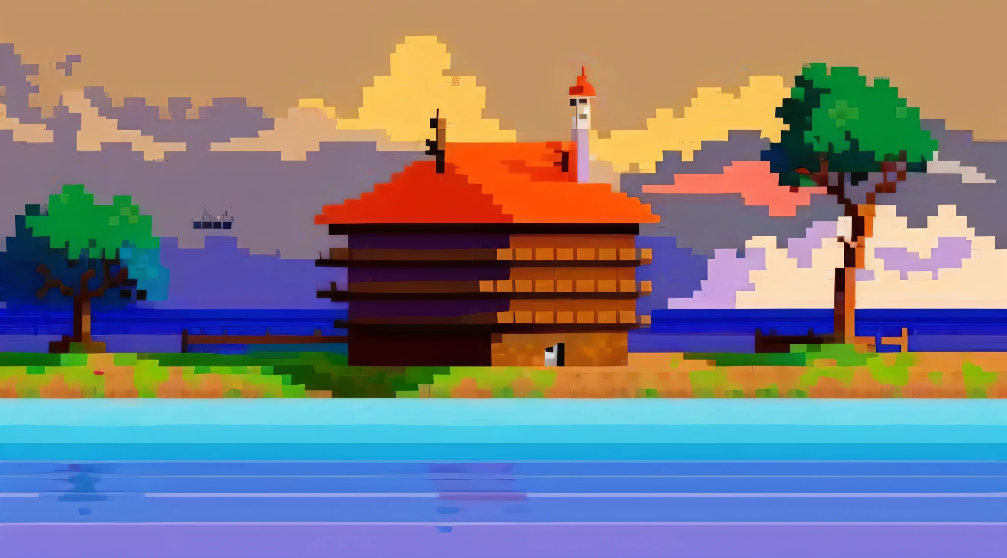 Pixel Art, casa, ilha, water, tree, Barco, heaven, noite, calmo, not too pixelated.