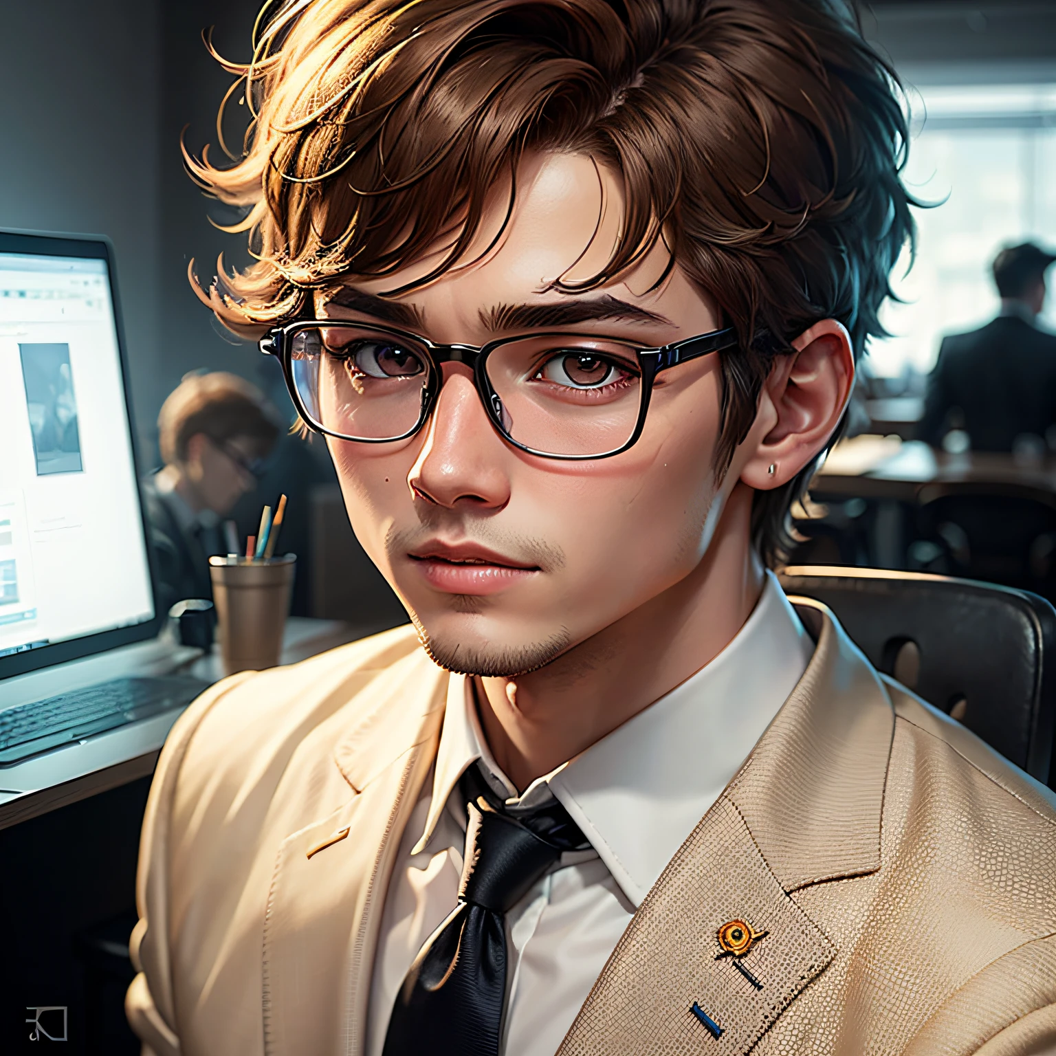 A brown-haired boy,Hair tied and glasses。He had a pencil tucked into his ear,Brown eyeballs appear fresh and natural。Clean face,While wearing a white Business suits。Realistic graphics,Thick eyelashes。upperbody closeup,8K high-definition。The picture is of high quality、high detal。