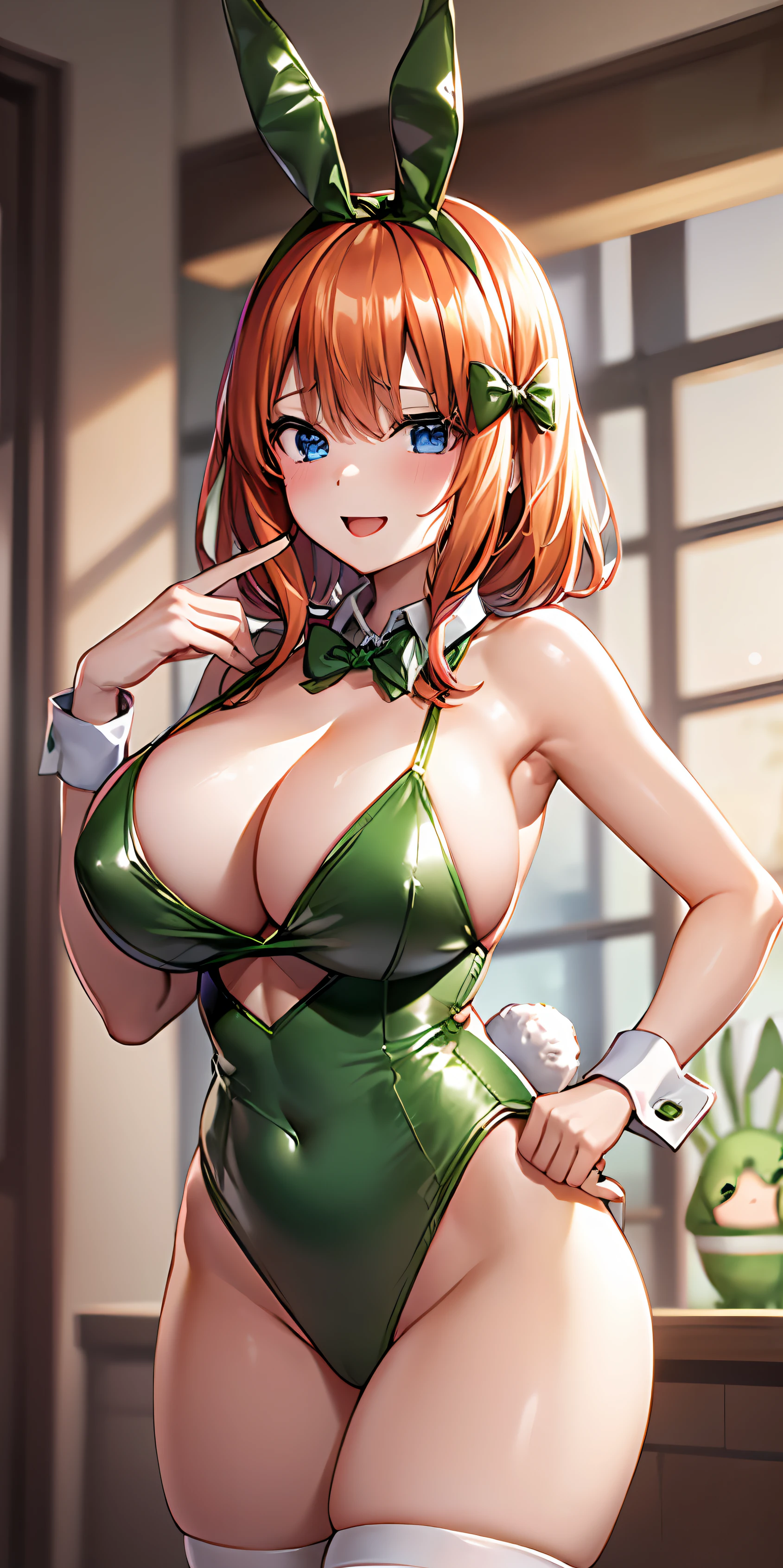 1girl in, 独奏, Yotsuba Nakano, orange color hair, Green bow tie, Green ribbon for hair,A smile、、(Colossal tits:1.4)、、(gigantic thigh:1.6)、Wide buttock、big breasts thin waist、waist with constriction,((((bunnygirl、Green Bunny Suit))))、red blush、perspiring, Yotsuba Nakano, orange color hair, Green bow tie, Hair ribbons,on the beds,(barechested:1.4)
