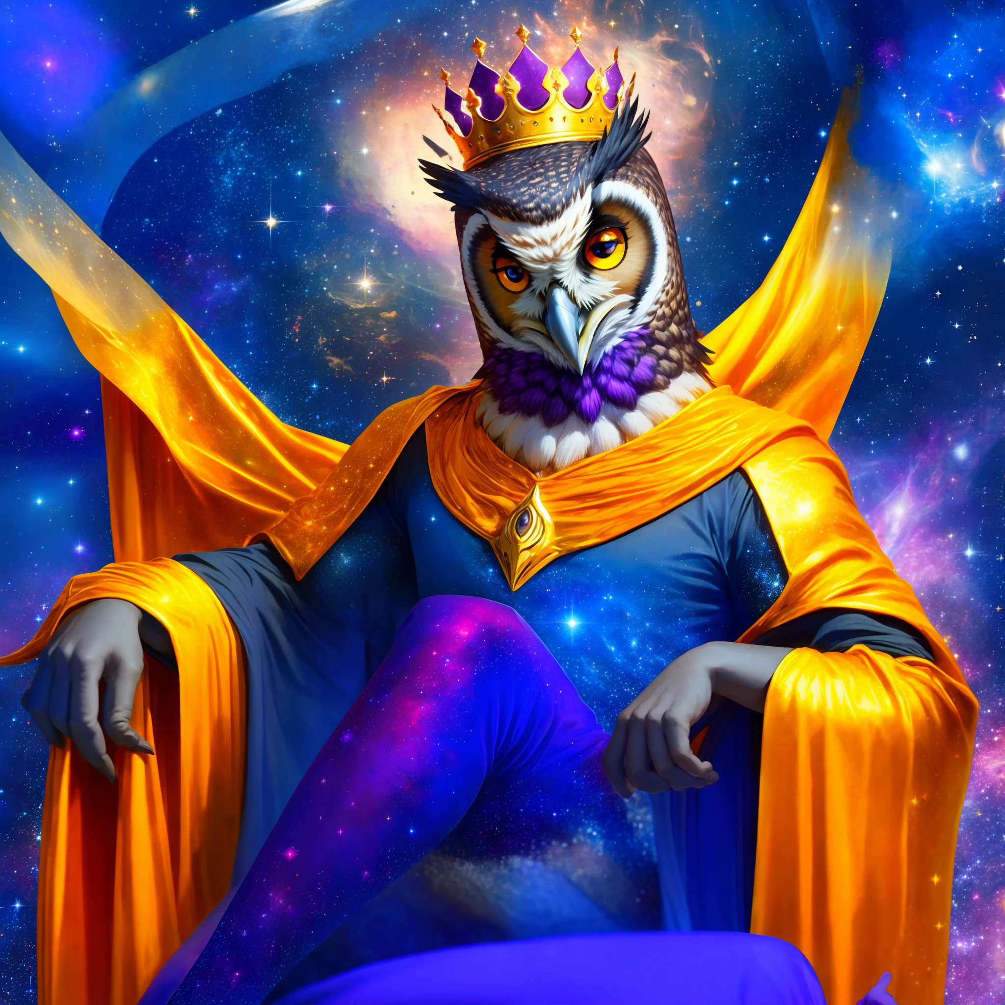 Humanoid black horned owl, owl face, male, big purple eyes, long eyebrows, black skinny hands, loose clothes, galaxy clothes, long collars, galaxy cape, purple pants, golden crown, in a palace, galaxy curtains, among the stars, sitting on a throne, solo, cowboy shot, masterpiece