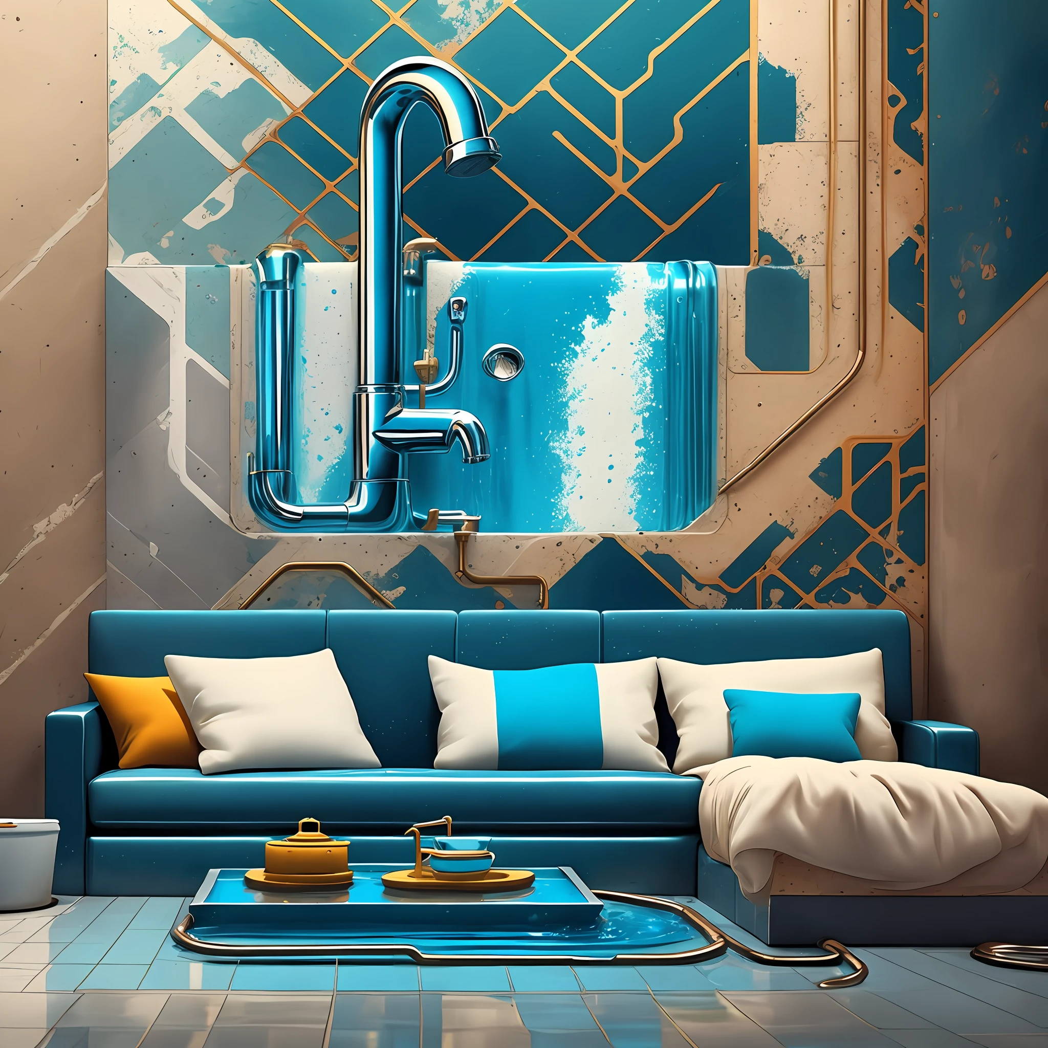 Design a hyper-realistic, high-resolution logo for a plumbing company. The logo should feature a dripping faucet and a silhouette or stylized image of a plumber, symbolizing the nature of the business. The style should be modern and clean, reflecting the company's commitment to quality and professionalism. The color palette should include blues and grays, colors often associated with water and metal respectively. The composition should be balanced and centered. --auto --s2