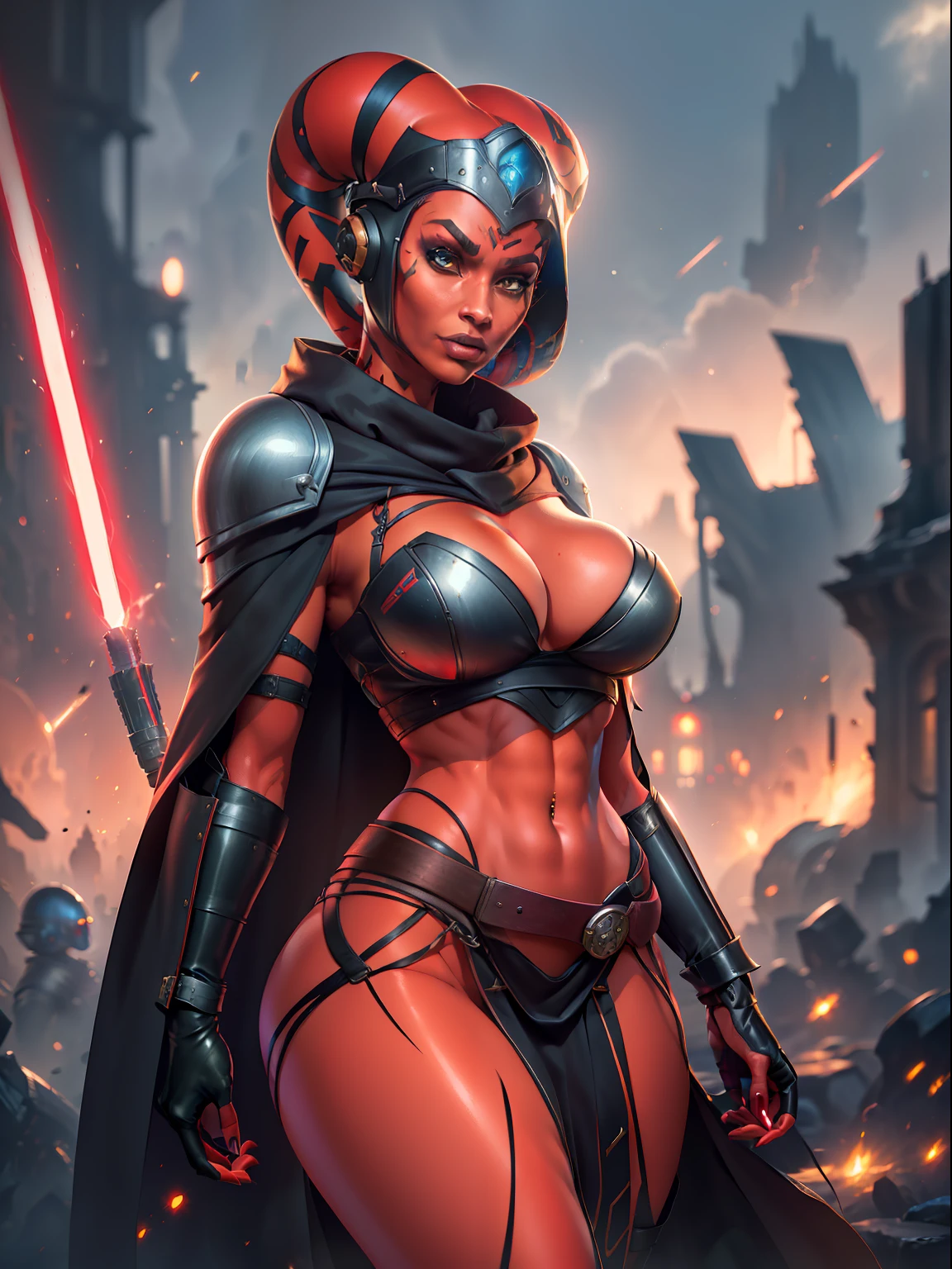 (red skin, twi'lek), red lightsaber, evil space knight, space ninja, (black robes, straps, tunic, tabard, cowl, cloak, cape, buckles, skirts, long sleeves, fantasy, ((armor))), (busty, slender body, thin, slim sexy body, slim waist),