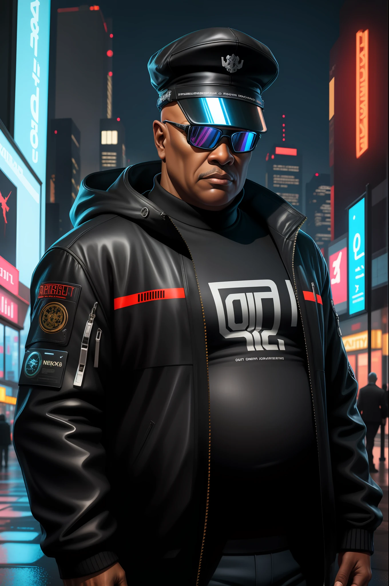 ((dark skin)), plus size, ((fat)), mature, old, hat, man, black, eyes:1.2, detailed eyes:1.4, masterpiece, best quality, 1 male, adult, bald, finely detailed eyes and detailed face, extremely detailed CG unity 8k wallpaper, intricate details, Cyberpunk, goggles, holographic, black jacket, night city, neon sign, skyscraper, depth of field