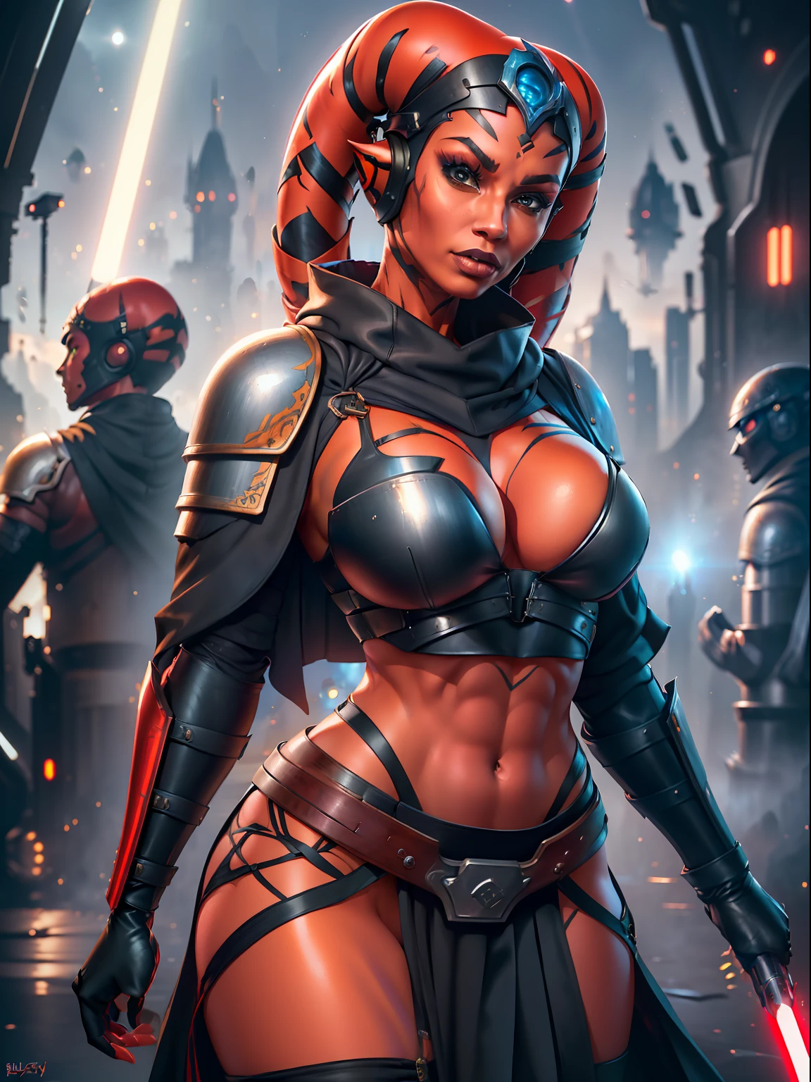 (red skin, twi'lek), red lightsabers, evil space knight, space ninja, (black robes, tunic, tabard, cloak, breastplate, cowl, straps, buckles, skirts, long sleeves, fantasy, futuristic body armor, ((armor))), (busty, athletic, slender body, thin, slim sexy body, slim waist),