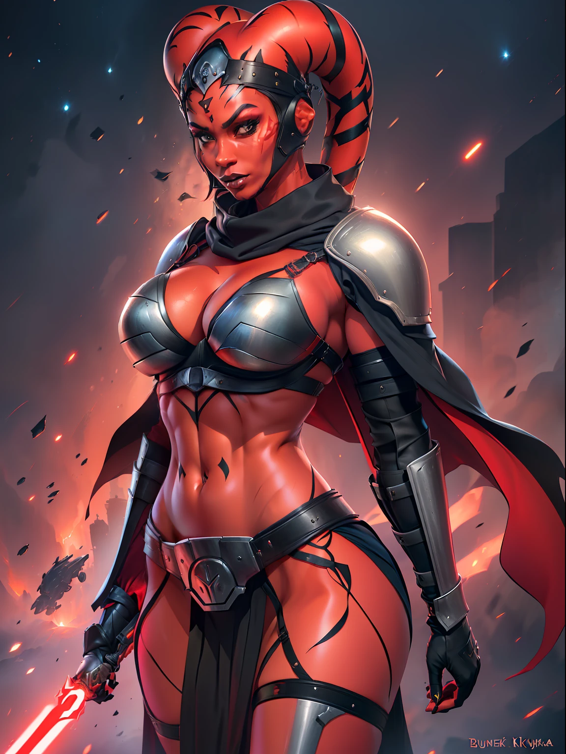 ((red skin), twi'lek), dual red lightsabers, evil space knight, space ninja, (black , breas, tunic, tabard, cowl, cloak, body glove, straps, buckles, skirts, long sleeves, fantasy, ((armor))), ((busty), slebody, thin, slim sexy body, slim st),