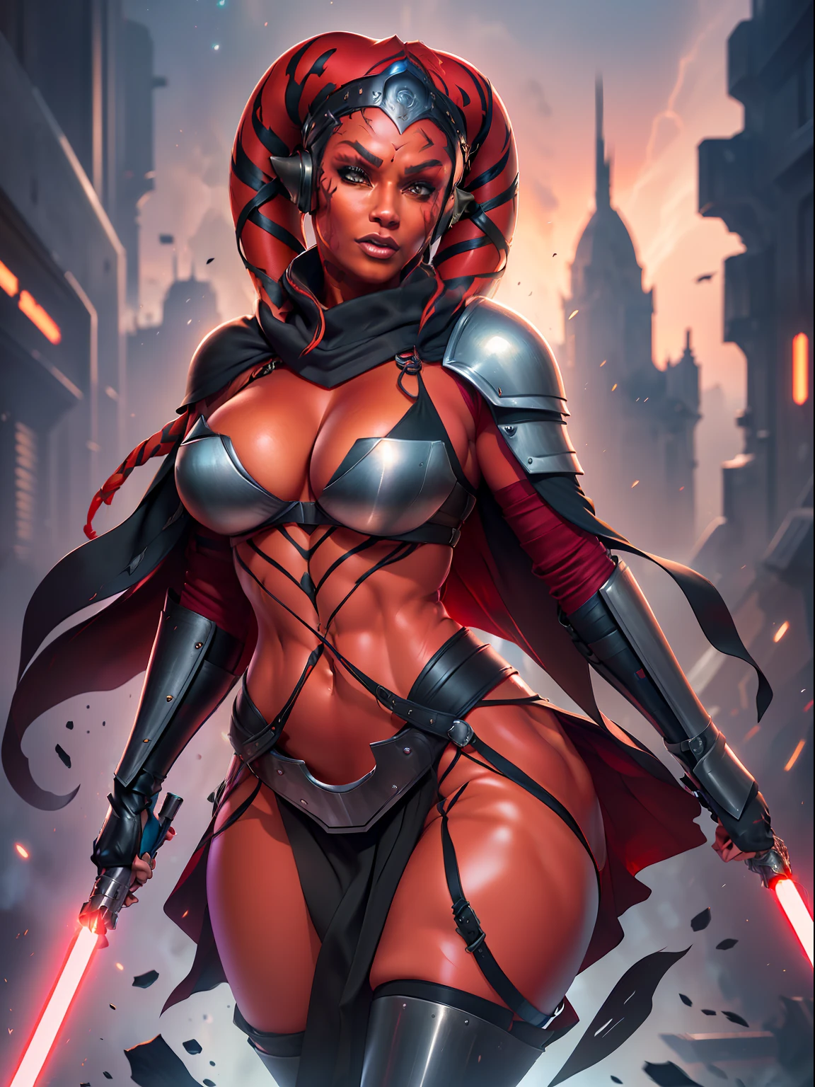 ((red skin), twi'lek), dual red lightsabers, evil space knight, space ninja, (black robes, breastplate, tunic, tabard, cowl, cloak, body glove, straps, buckles, skirts, long sleeves, fantasy, ((armor))), ((busty), slender body, thin, slim sexy body, slim waist),