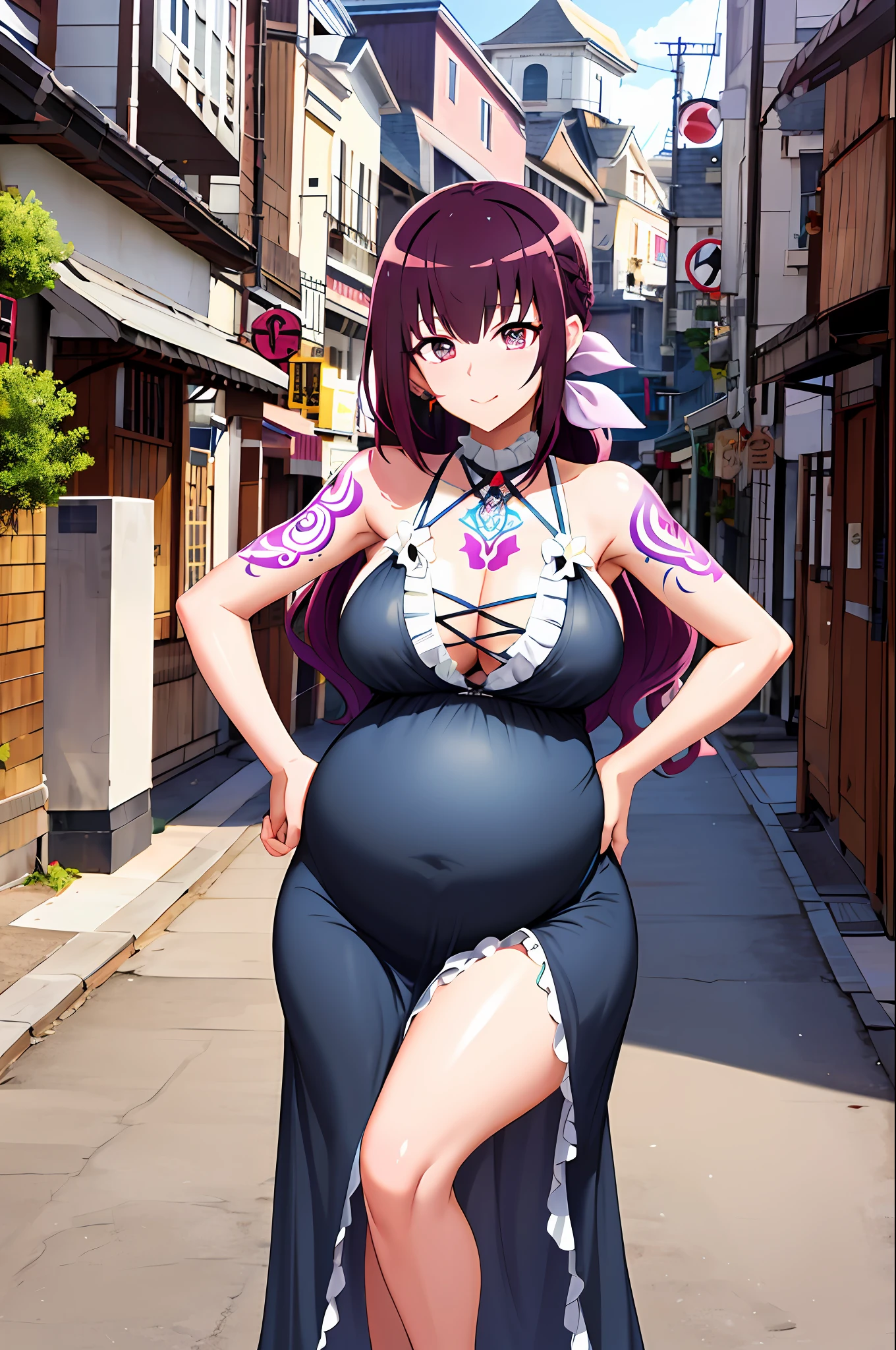 tmasterpiece， Best quality at best，1pregnant woman， A high resolution， hi1， Purple colored hair， Purple eye，big cleavage breasts， hair bow， magical little girl， hair adornments， exteriors， the street， stomach， boobgasm， frill dress，， hand on hips，Tattooed with，