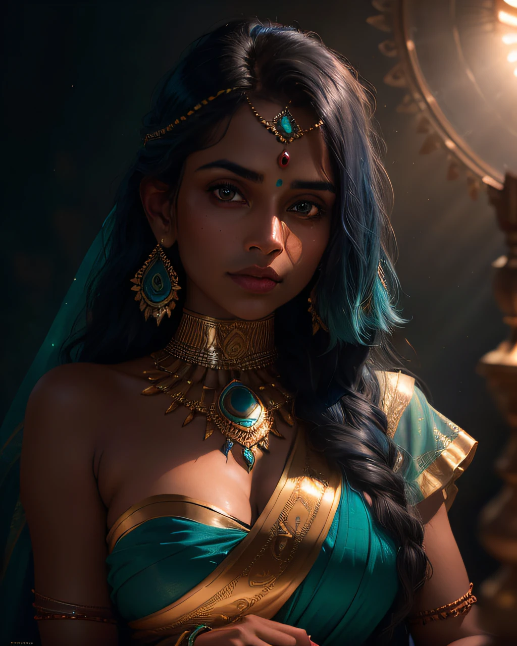 portrait of a award winning photo of indian princess posing in a dark studio, (rim lighting,:1.4) two tone lighting, sharp focus, teal hue, octane, unreal, dimly lit, low key,