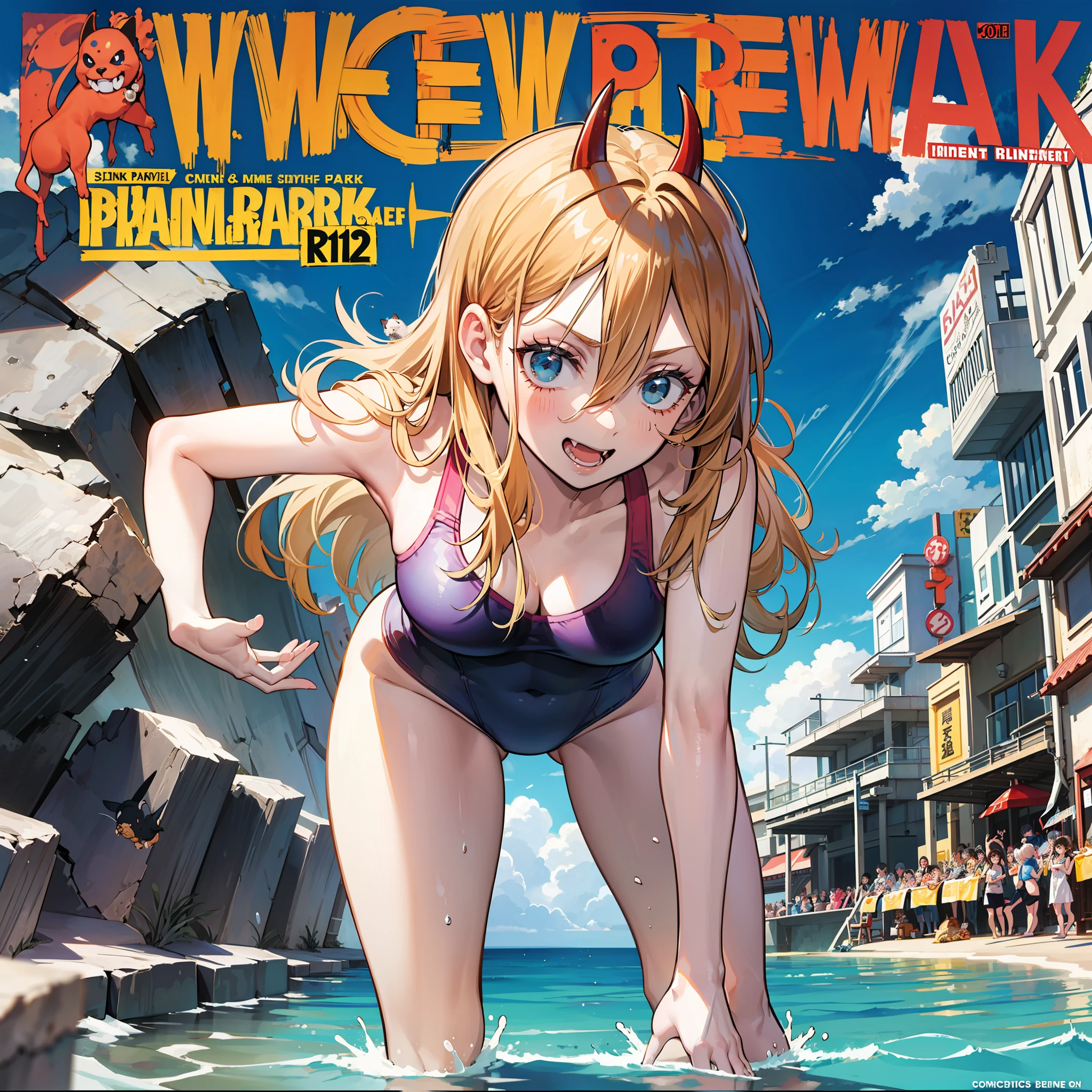 power,Comic cover style,Comic title,Ocean park,one piece swimsuit,delicacies,Cook,enjoyable,Small animals surround,having fun