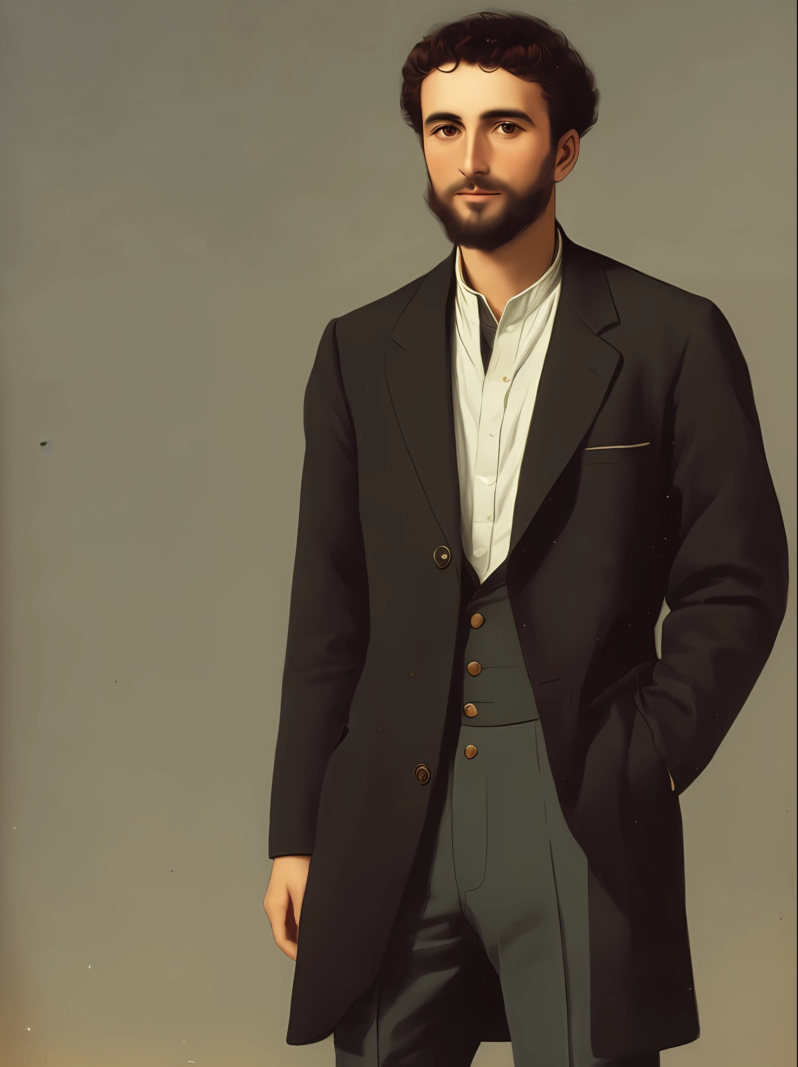 A 30-year-old man of the fifth century dressed in a jacket, realista