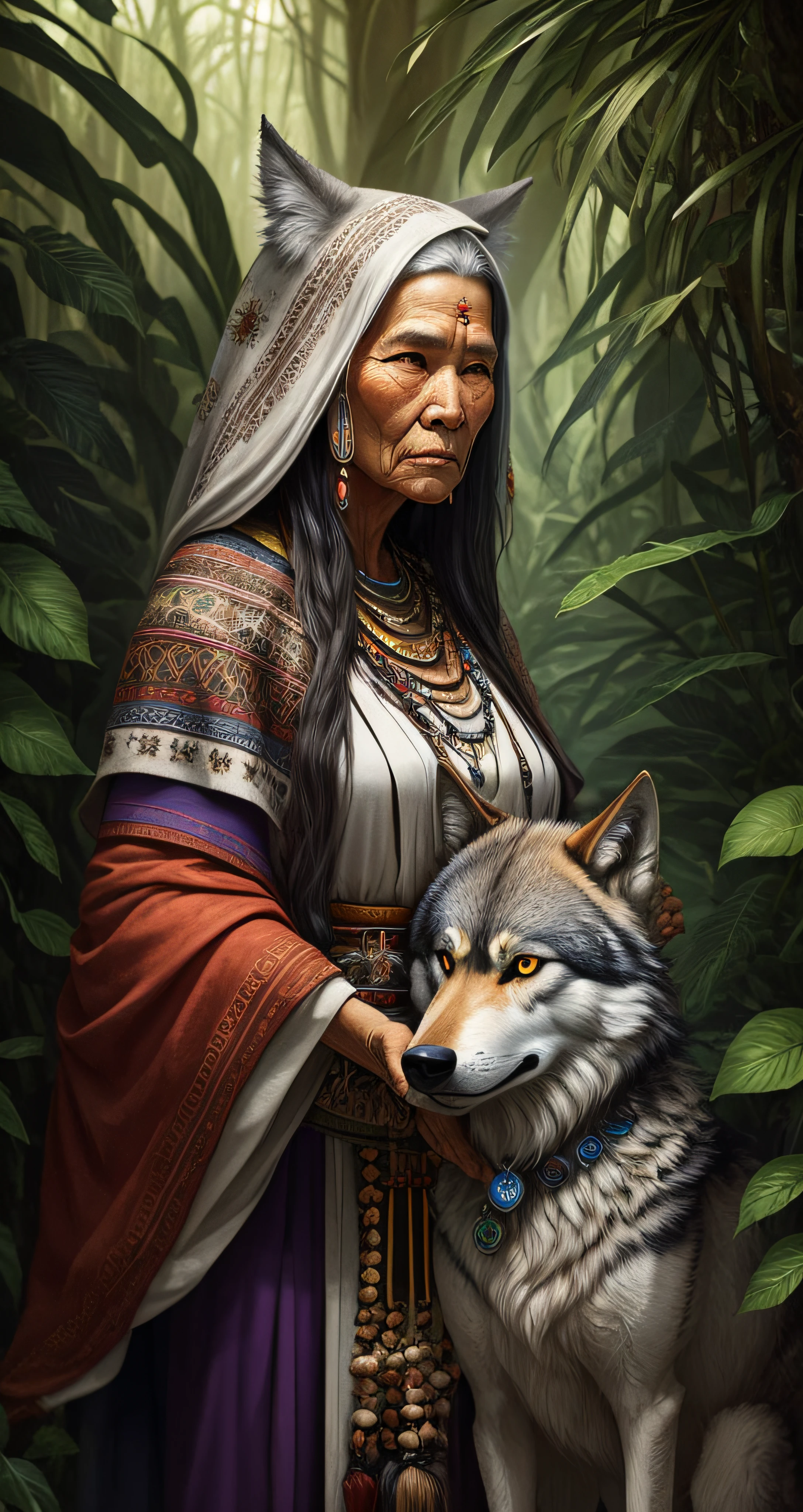 Old shaman woman and her wolf, mystic, floral borders, jungles, photorealistic , detailed --auto