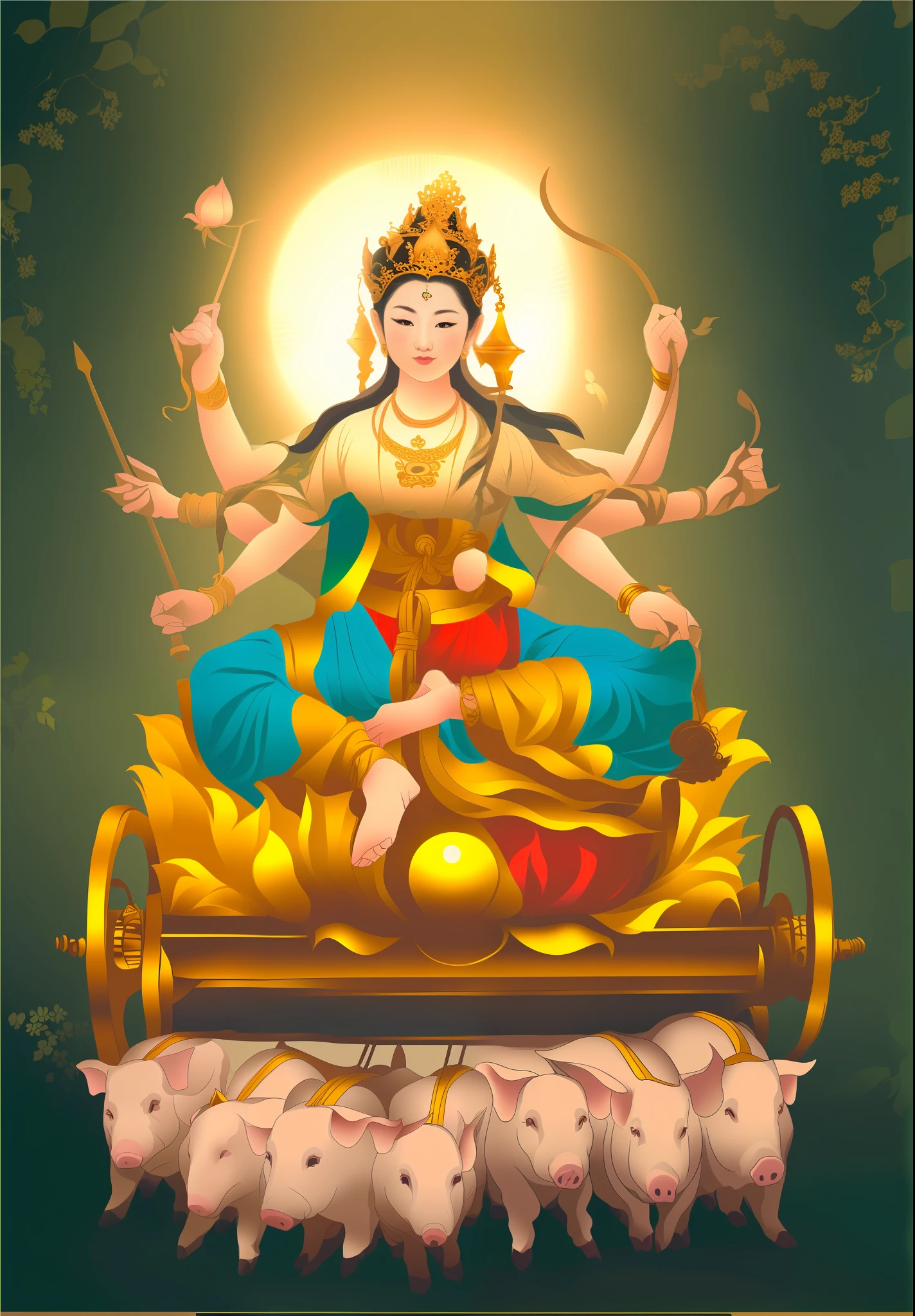 tmasterpiece,Ultra-clear resolution,The beautiful female bodhisattva is three-headed and eight-armed,Sitting on a lotus on a golden cart,A total of eight hands hold various magic weapons,The ones on the right-hand side are;axe、arrow、stitches,The left hand holds the same;the bow、Cord、ligne,Bodhisattvas have fair skin,Wearing a golden crown,Bundle hair blonde,jewelry,Yingluo,Light blue dress,There are seven small golden pigs pulling carts side by side in front,The bodhisattva has a round light on the back of his head,Blue sky in the background,The characters come to life,Front lighting,The light is uniform and bright,The characters are bright and natural,outstanding illustration,