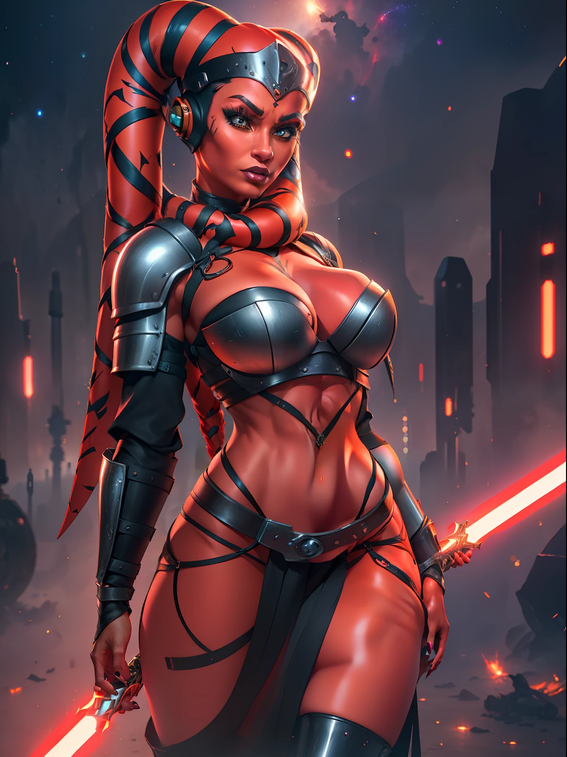 (red skin, twi'lek), red lightsaber, evil space knight, space ninja, (black robes, straps, buckles, skirts, long sleeves, fantasy, ((armor))), (busty, slender body, thin, slim sexy body, slim waist),