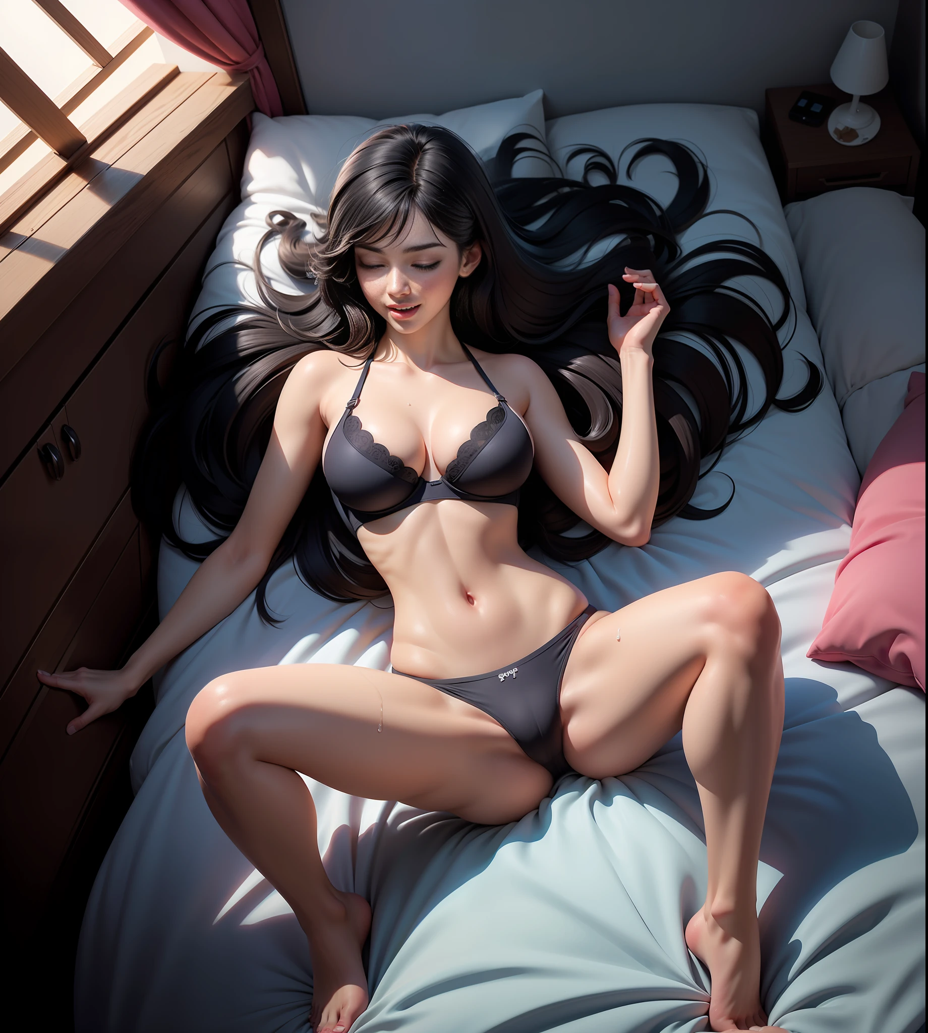 (Top Quality, 8k, 32k, Masterpiece, NSFW, UHD: 1.2))), Cute Japan Woman Pictures, Perfectly Cute Girls, One Girl, Men, Delicate Smooth Skin, Realistic Skin, Perfect and Beautiful Face, Perfect and Cute Face, (POV, View from above: 1.2), Big, (Light Black Underwear, Wet, Beautiful Nipple Slip: 1.4)), ((Transparent Flesh-colored Micro Bikini, Micro bikini in mesh fabric, sticking out of the bra)), shiny skin, beauty waist constriction, masterpiece, best quality, high resolution, solo, small, indoor, misaligned bra, t-back, (reach: 1.2), lying down, from above, arms outstretched and picked, smile, bed, disheveled transparent underwear, rough breath, sexual expression invitation, single girl, light bra, breasts, breasts, breasts, cleavage, closed eyes, lips, long hair, Open Mouth, photo_, pink_bra, pink_shorts, Realistic, Sleeping, Wet Underwear, (Masterpiece), (Photoreal: 1.3), NFSW, Super Detail, (High Detail Skin: 1.2), (Best Quality: 1.0), (Ultra High Definition: 1.0), (Best Quality, 8k, 32k, Masterpiece, UHD: 1.2), (Legs boldly spread, legs spread: 1.6)))), ((Dynamic Pose)), Hide the crotch with your hands, Top Quality, Masterpiece, Ultra High Resolution, (Photorealistic: 1.4), Raw Photo, (One Girl Yawning in Bed), Black Hair, Dramatic Lighting, Full Body, Full-Body, Micro Bikini, Big, (Girl Yawning Lying in Bed), Airway Clearance
