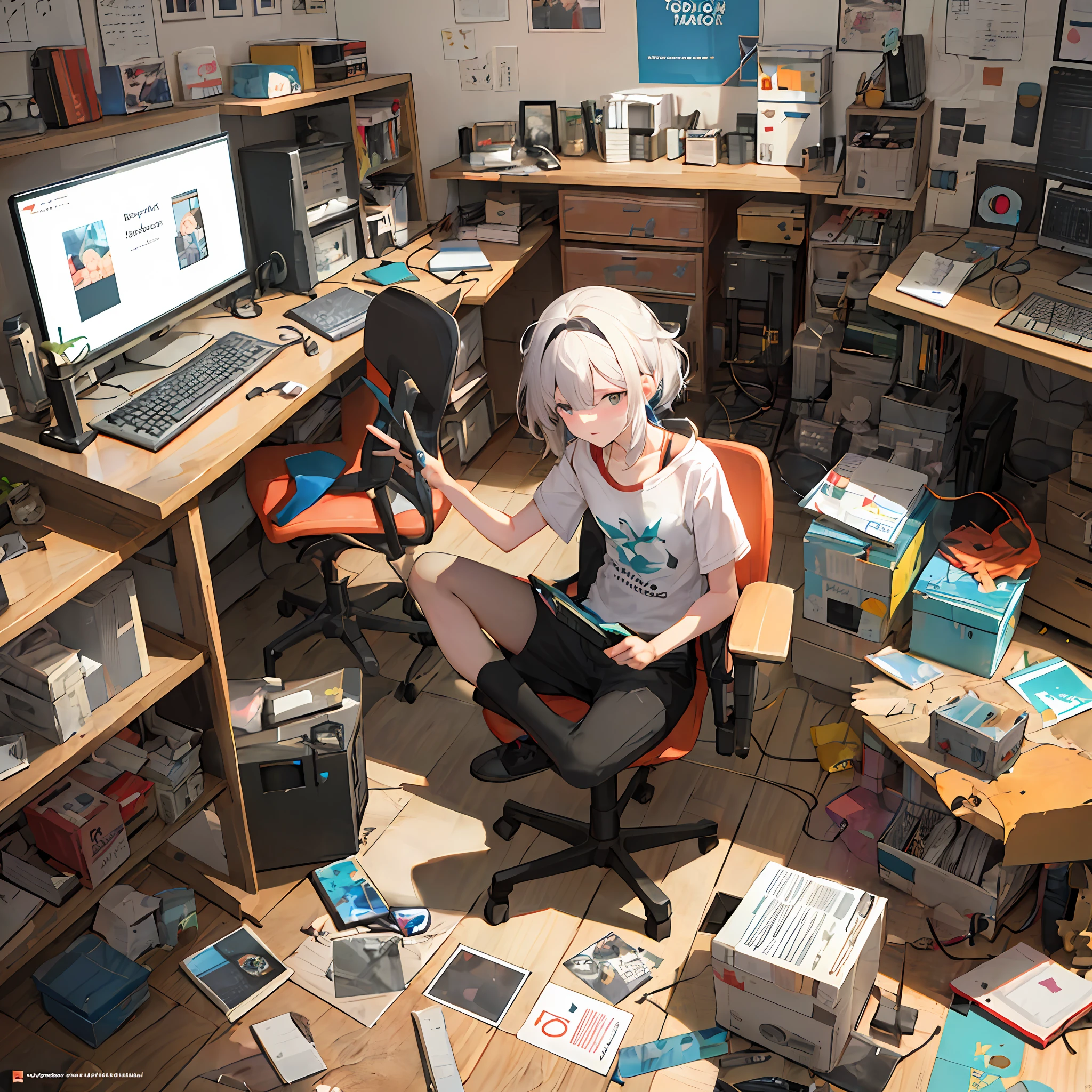 Messy, bedroom, punk/pop posters, colorful,extremely detailed CG unity 8k wallpaper,illustration,lens 135mm,masterpiece, best quality, ,messy room,guitar case,(computer),headphones,tablet pc,trash can,computer,game console,mirror,box,stuffed animal,chair,cellphone,toy,electric guitar. Just room
