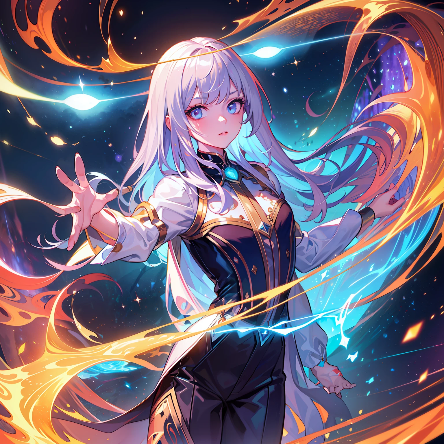 A young girl with long white hair and mystical tattoos, wearing flowing blue robes, holding a glowing staff, portal opening behind her to a cosmic plane, delicate lighting, by Ross Tran, Makoto Shinkai style
