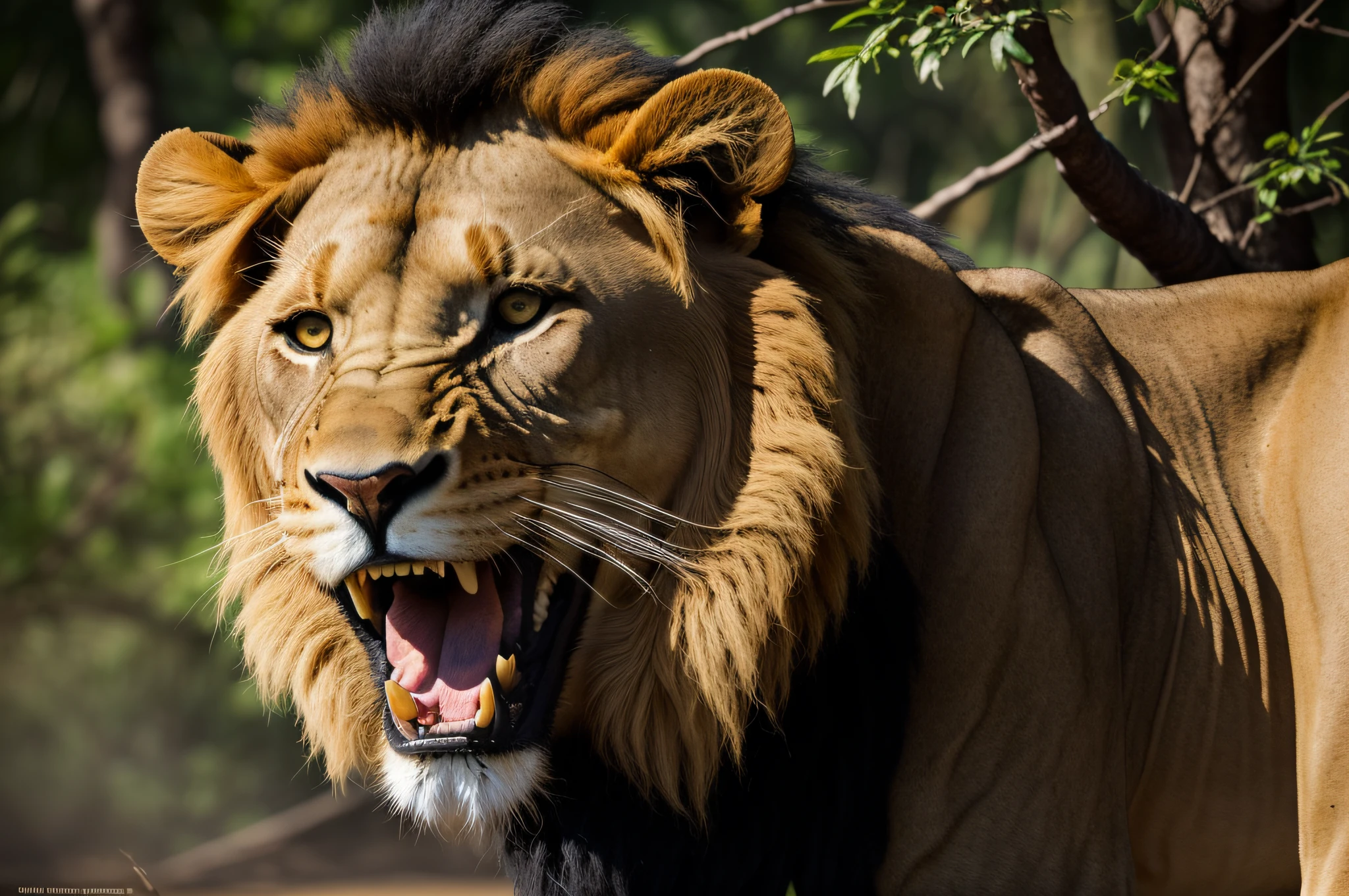 Capture the majestic presence of a lion in the African jungle with the Nikon D850 and the Nikkor 24-70mm f/2.8E ED VR lens. Position yourself at a safe distance to photograph the lion as it unleashes its powerful roar, filling the air with its commanding presence. Use a telephoto lens to capture the details of its mane, showcasing its strength and regal beauty. Pay attention to the surrounding environment, including the dense foliage and the golden light filtering through the trees, to add depth and atmosphere to your photograph. With its raw power and symbolic significance, the image of a lion roaring in the African jungle embodies the untamed spirit and captivating allure of the continent's wildlife.