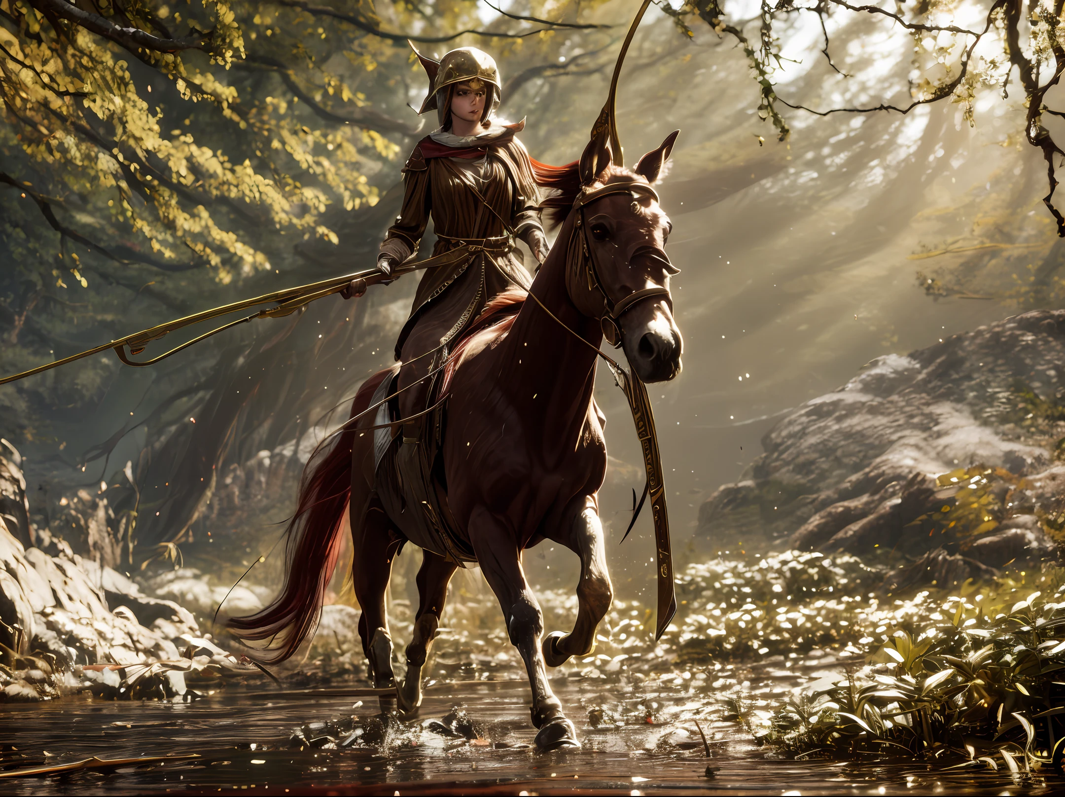 An elf girl rides a horse in the forest，Archery action，Contre-Jour