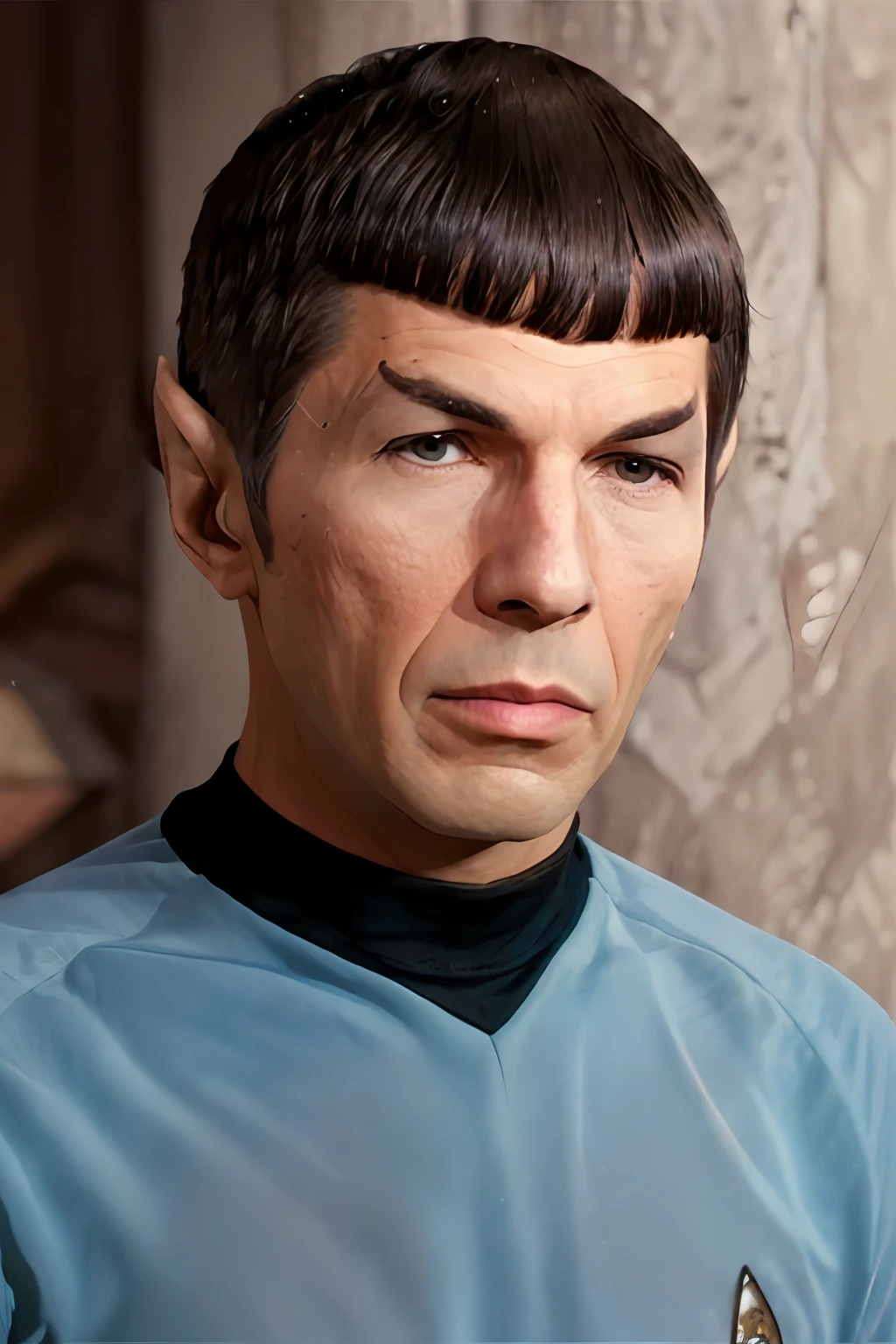 portrait of Spock, simple background, (highly detailed skin:1.0), (masterpiece:1.2) (photorealistic:1.2) (bokeh) (best quality) (intricate details) (8k) (HDR) (analog film) (canon d5) (cinematic lighting) (sharp focus),