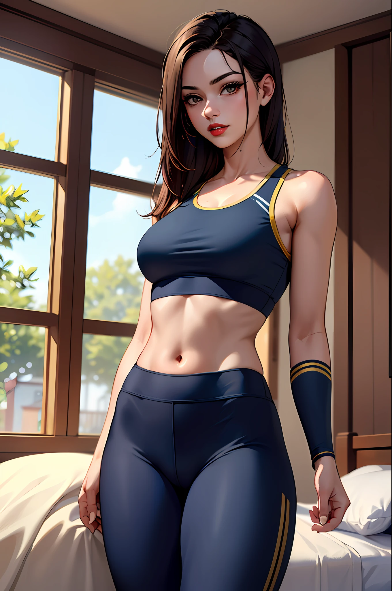 (masterpiece:1.4)、(top-quality:1.4)、
1girl in, Sports bra and dark blue and gold sports leggings、(Arm sleeve),length hair, looking at the viewers, Bedroom, 独奏 ,realisitic,(shinny skin),(masterpiece:1.4),(top-quality:1.4),red-lips