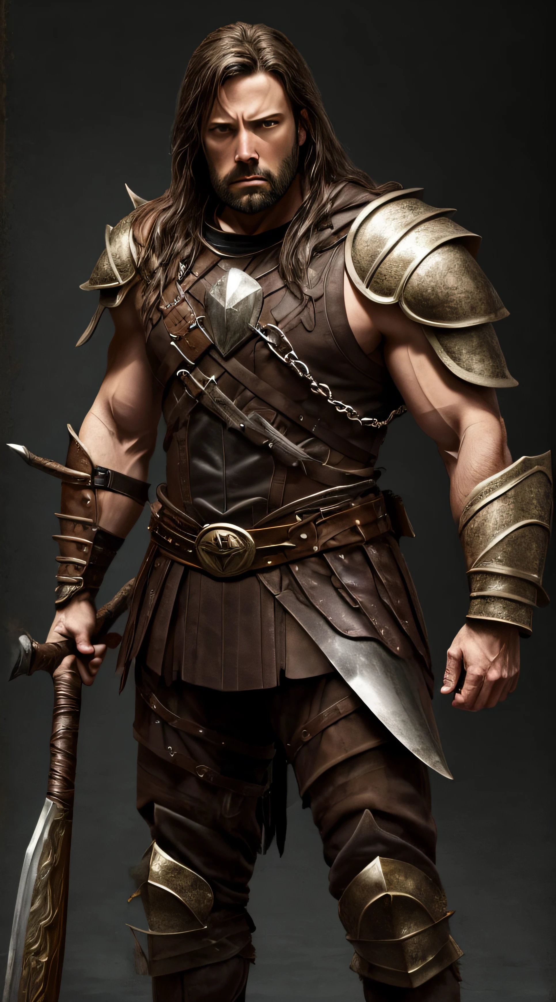 Ben Affleck as a barbarian wearing metal armor in front of a simple D14bl0 style background --auto