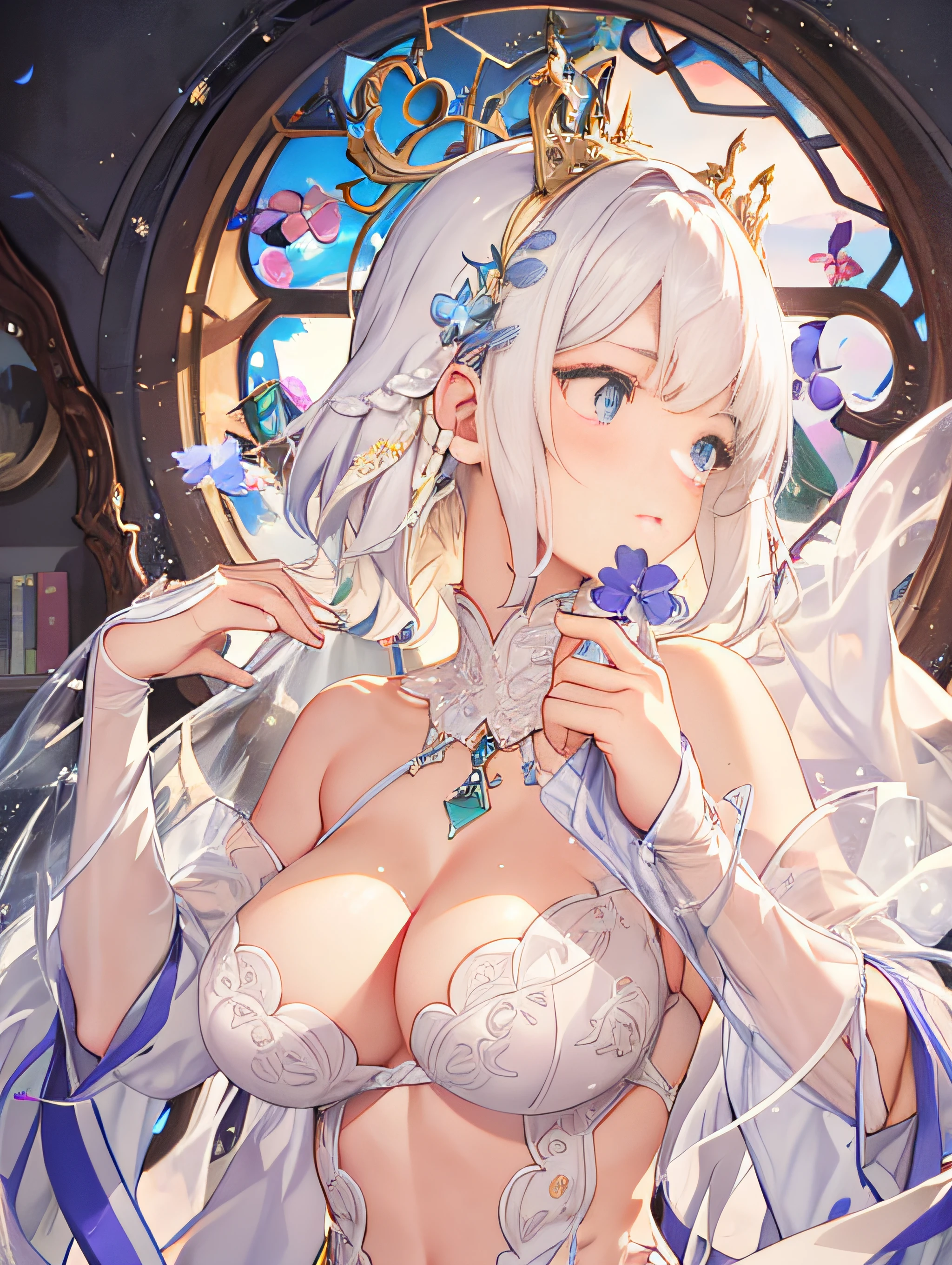 {best quality}, {{masterpiece}}, {an extremely delicate and beautiful},Outstanding light and shadow, extremely detailed wallpaper,Clear and bright sunlight,head portrait,1girl,big breast,Blush,short wave hair,Strong sunlight,,blue shirt,suit,Delicate hair,Real skin texture, sagging chest,clear pores and skin wrinkles,Wide shoulders,window,((strong light shines on the face)), upper body,