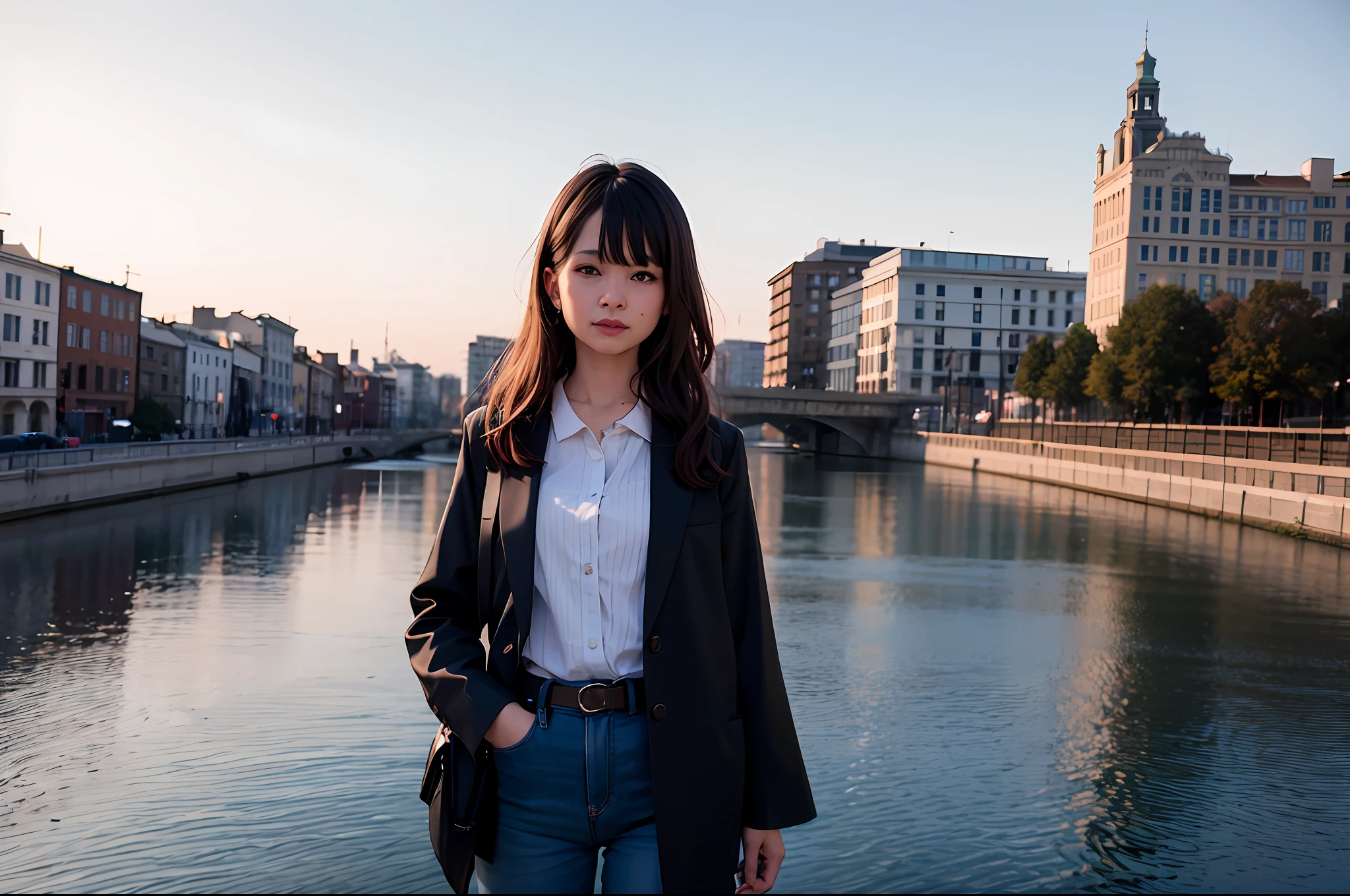 The Arad woman stood in front of the body of water，The background is a city, with the city as the background, taken with a Sony A7R camera, taken with a pentax k1000, photo taken with canon 5d, taken with canon eos 5 d, Photo taken with Sony a7R camera