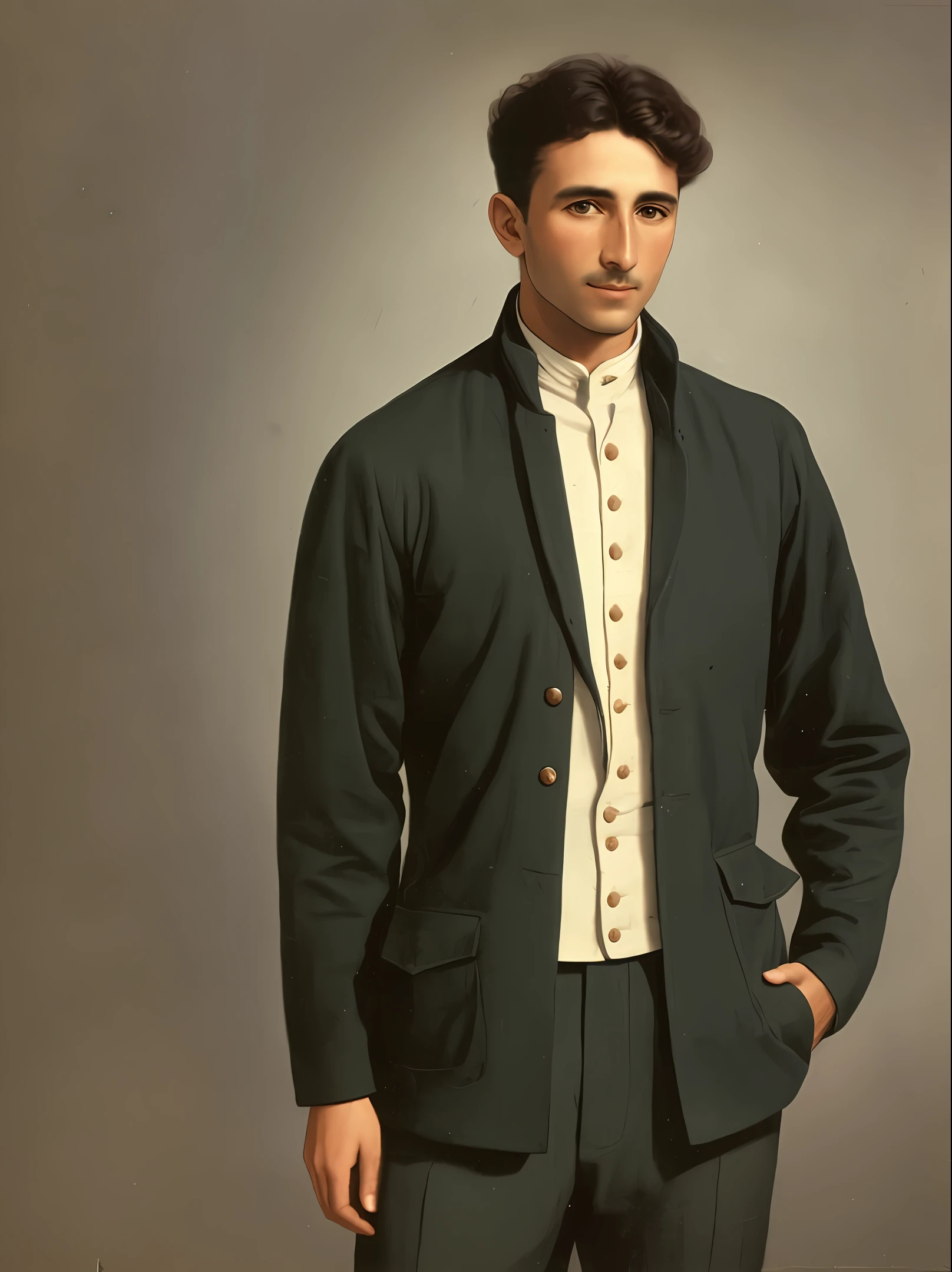 A 30-year-old man of the fifth century dressed in a jacket, realista