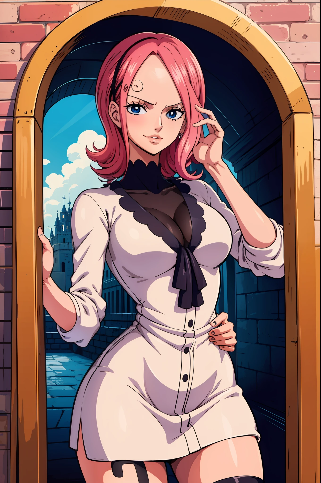 Reiju, One Piece, middlebreasts, eyes visible through the hair, pele clara, boca fechada, olhando para o telespectador, ((parte superior do corpo)), franja, cabelo com franja, cabelo rosa, batom rosa, cabelo flutuante, 1girl, um personagem, uma garota, eyes visible through the hair, ((franja escondendo um olho)), olho azul, sexy look, interior de um castelo, fundo desfocado, castelo anime, ((obra prima, melhor qualidade, 8k))