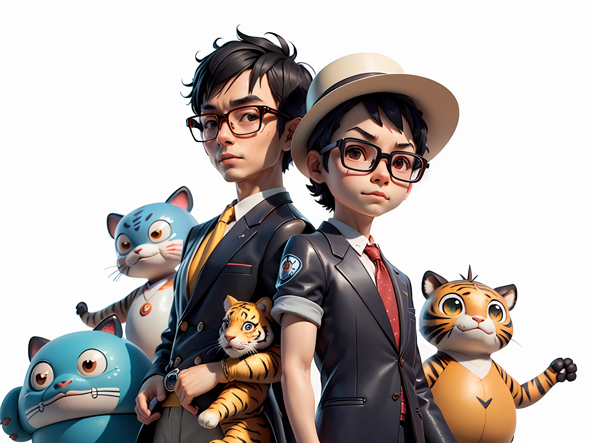 Young man with oriental face in leather hat, tiger, oriental face in formal suit, short black hair, silver glasses, digital painting, 3D character design by Mark Clairedon and Pixar and Hayao Miyazaki and Akira Toriyama, the illustration is a high-definition illustration in 4K resolution with very detailed facial features and cartoon-style visuals.