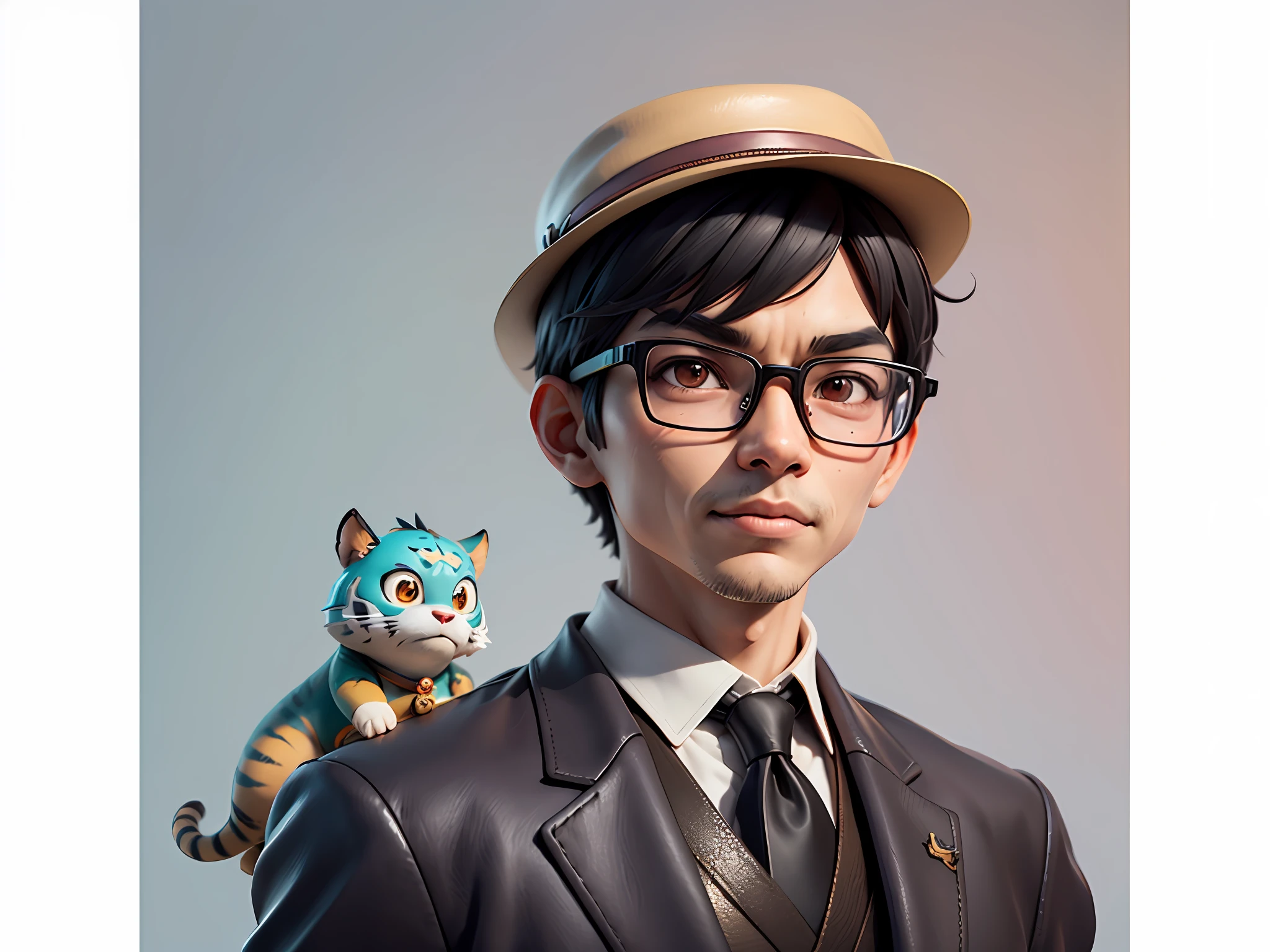 Young man with oriental face in leather hat, tiger, oriental face in formal suit, short black hair, silver glasses, digital painting, 3D character design by Mark Clairedon and Pixar and Hayao Miyazaki and Akira Toriyama, the illustration is a high-definition illustration in 4K resolution with very detailed facial features and cartoon-style visuals.
