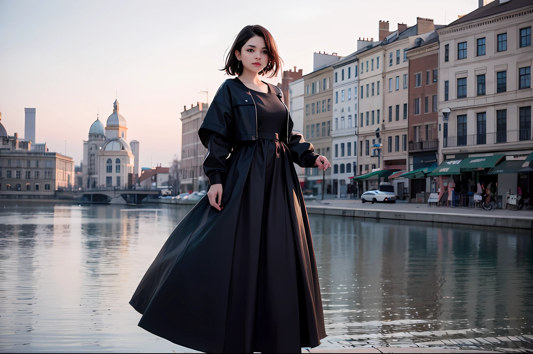 The Arad woman stood in front of the body of water，The background is a city, with the city as the background, taken with a Sony A7R camera, taken with a pentax k1000, photo taken with canon 5d, taken with canon eos 5 d, Photo taken with Sony a7R camera