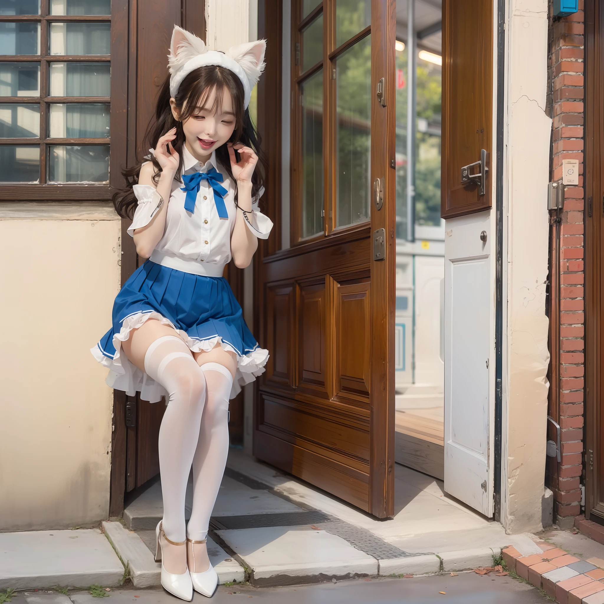 A little dressed in blue and white,Extremely shy and charming posture ,Mouth open,The mouth seems to be longing,There are cat ears,nakeness,Cover private areas with your hands,Wear a super short playful skirt and white stockings、Bright red high heels